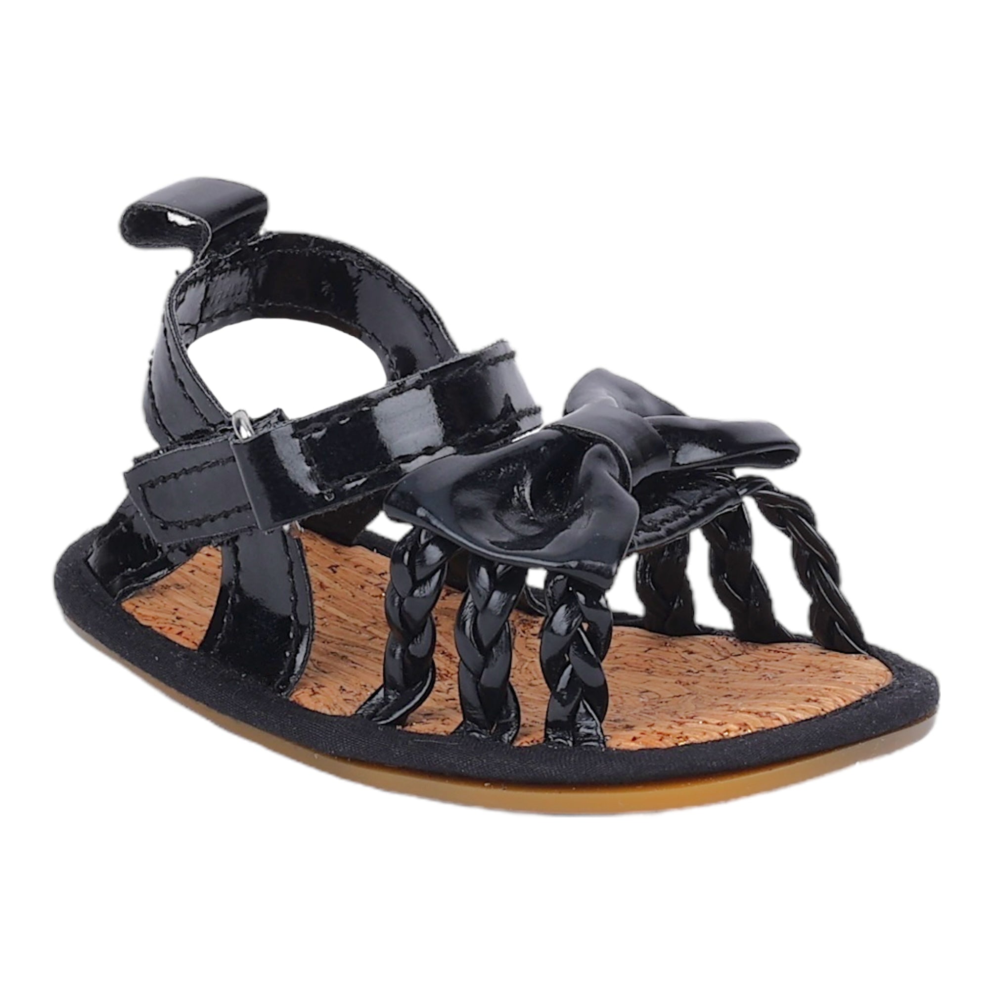 Baby Moo Partywear Patent Leather Bow Velcro Strap Anti-Skid Sandals - Black