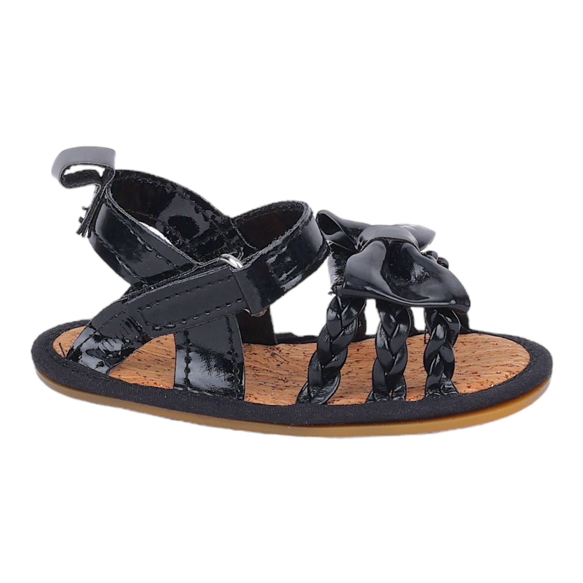 Baby Moo Partywear Patent Leather Bow Velcro Strap Anti-Skid Sandals - Black