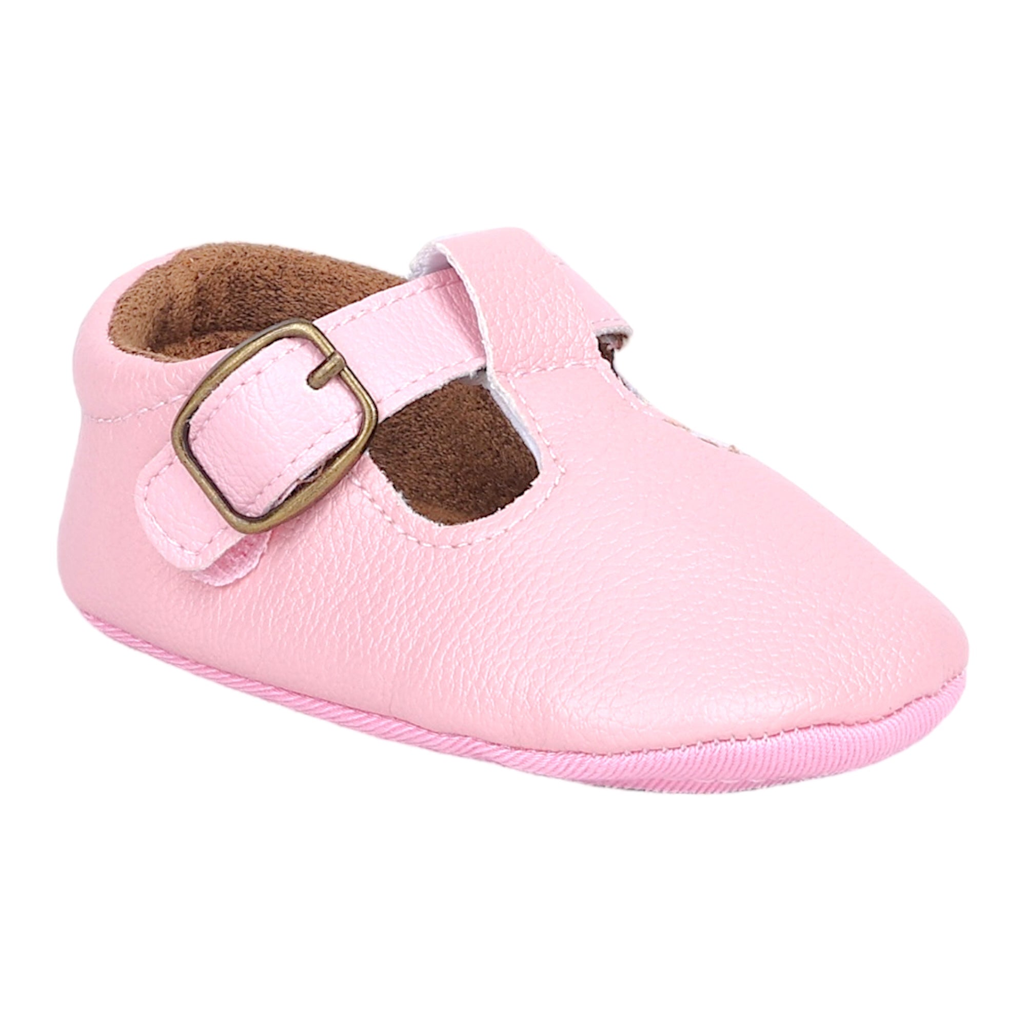 Baby Moo Textured Leather T-Strap Velcro Buckle Anti-Skid Ballerina Pram Shoes - Pink