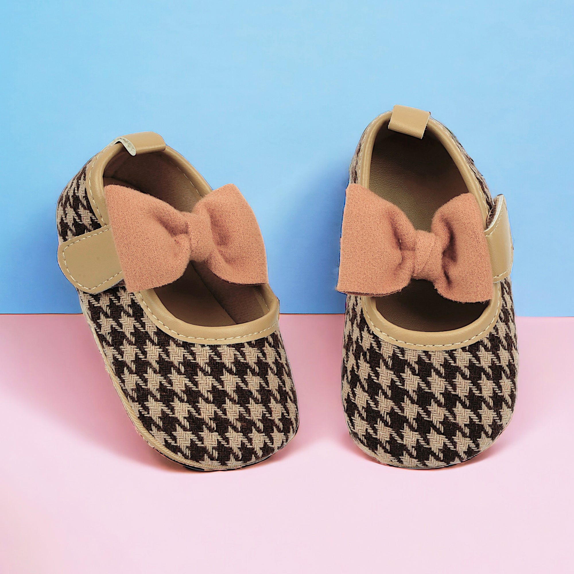 Baby Moo Houndstooth Print with Bow Velcro Strap Anti-Skid Ballerina Booties - Brown