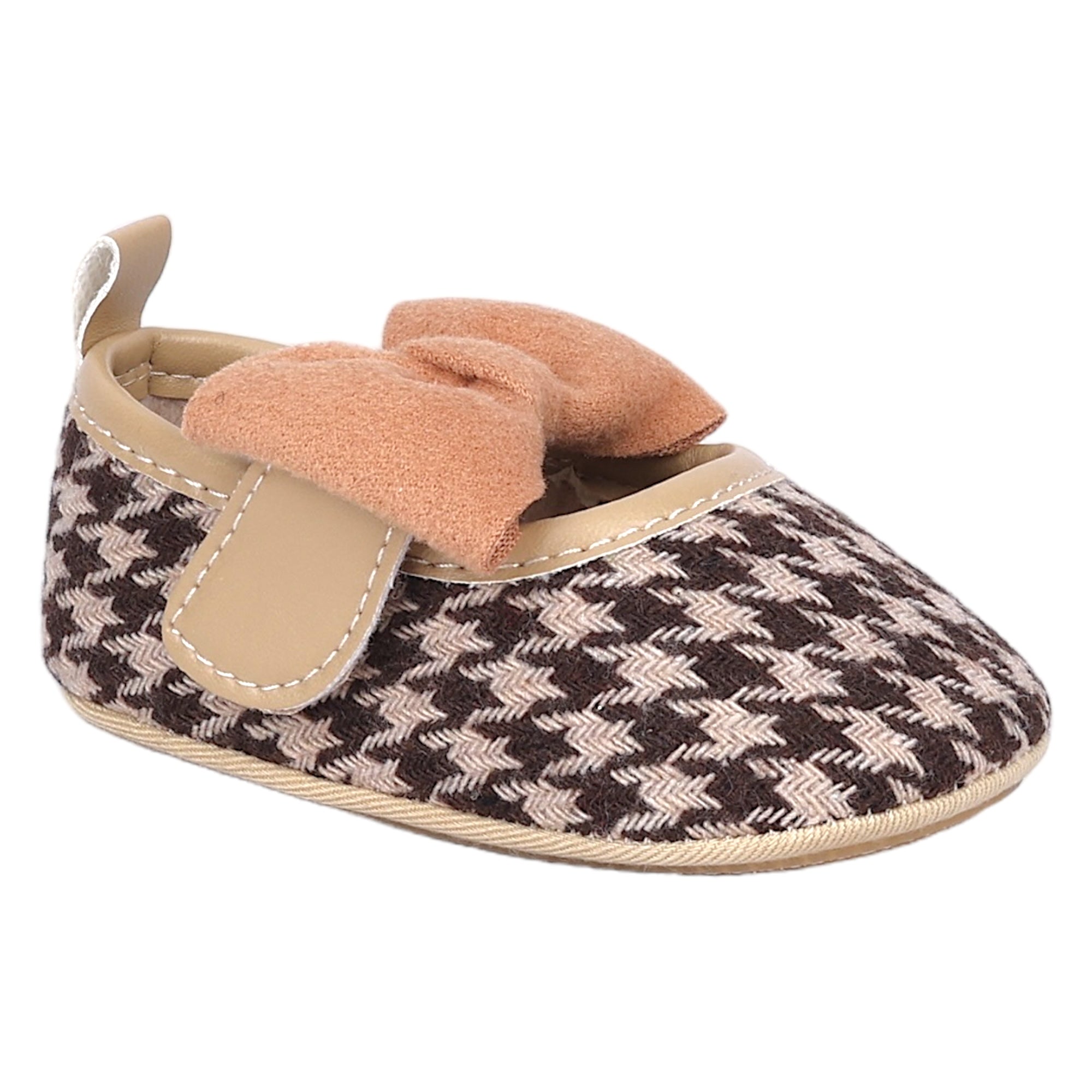 Baby Moo Houndstooth Print with Bow Velcro Strap Anti-Skid Ballerina Booties - Brown