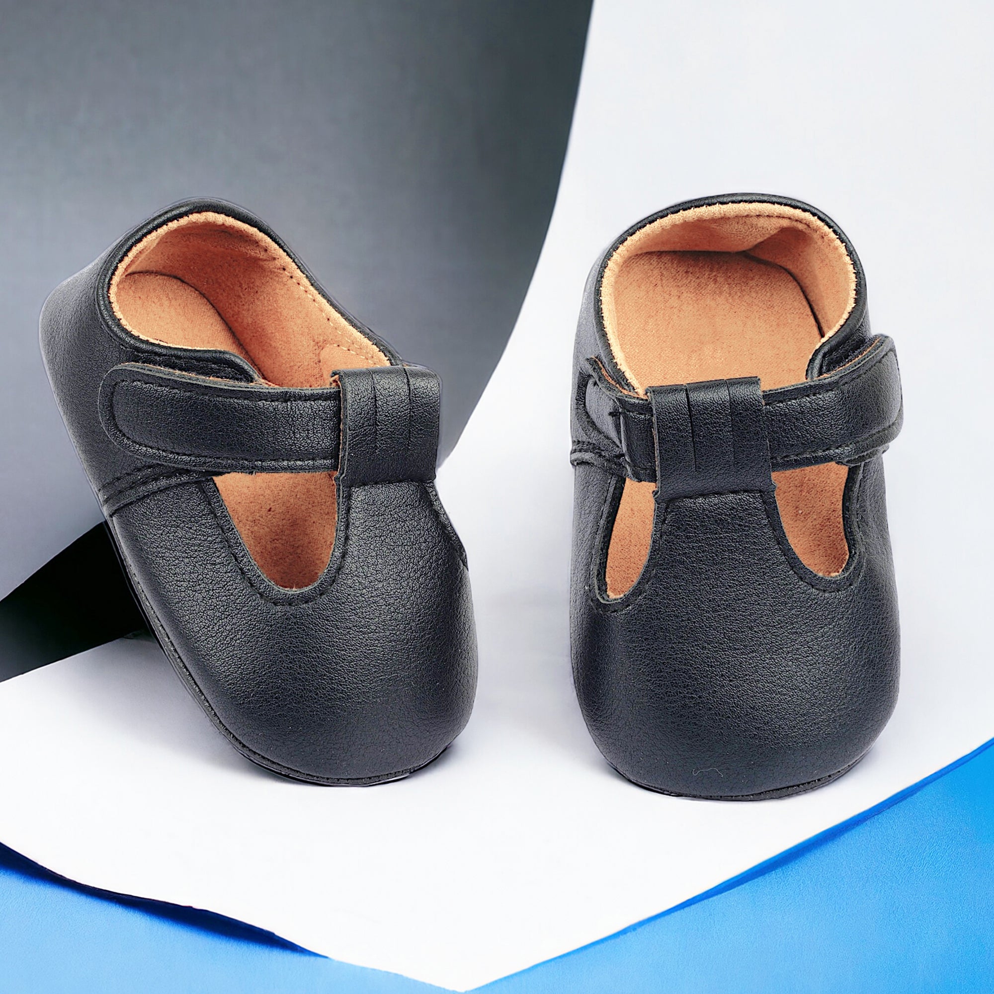 Baby Moo Vintage Vegan Leather T-Strap Anti-Skid Ballerina Pram Shoes - Black