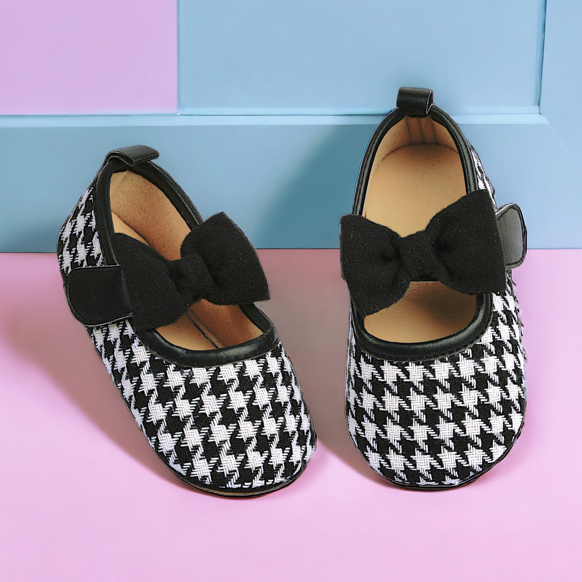 Baby Moo Houndstooth Print with Bow Velcro Strap Ballerina Booties - Black