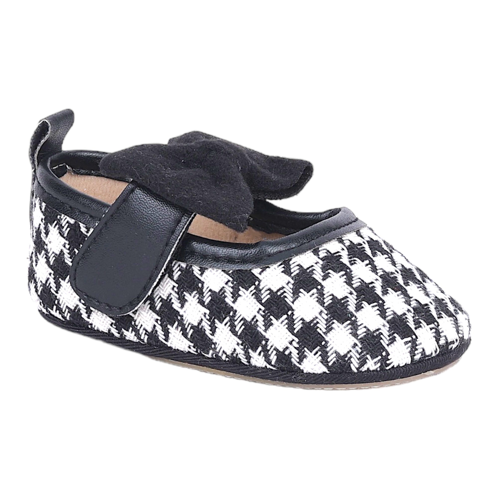 Baby Moo Houndstooth Print with Bow Velcro Strap Ballerina Booties - Black