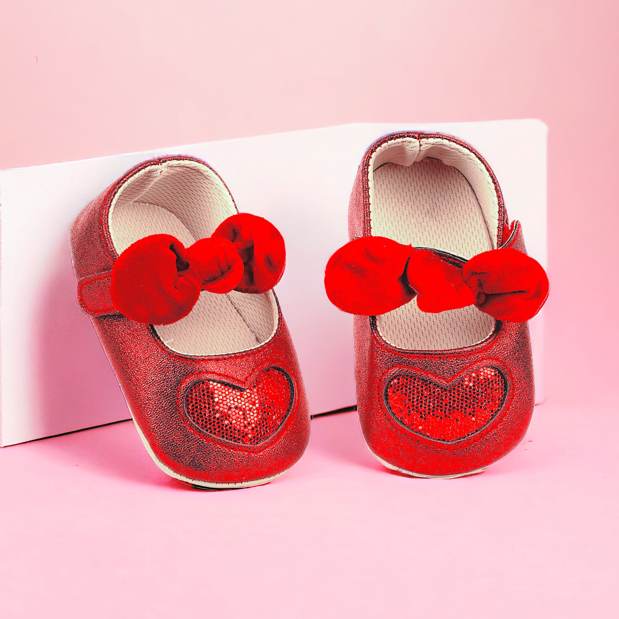 Baby Moo Sequin Heart Bow Velcro Strap Anti-Skid Ballerina Booties - Red