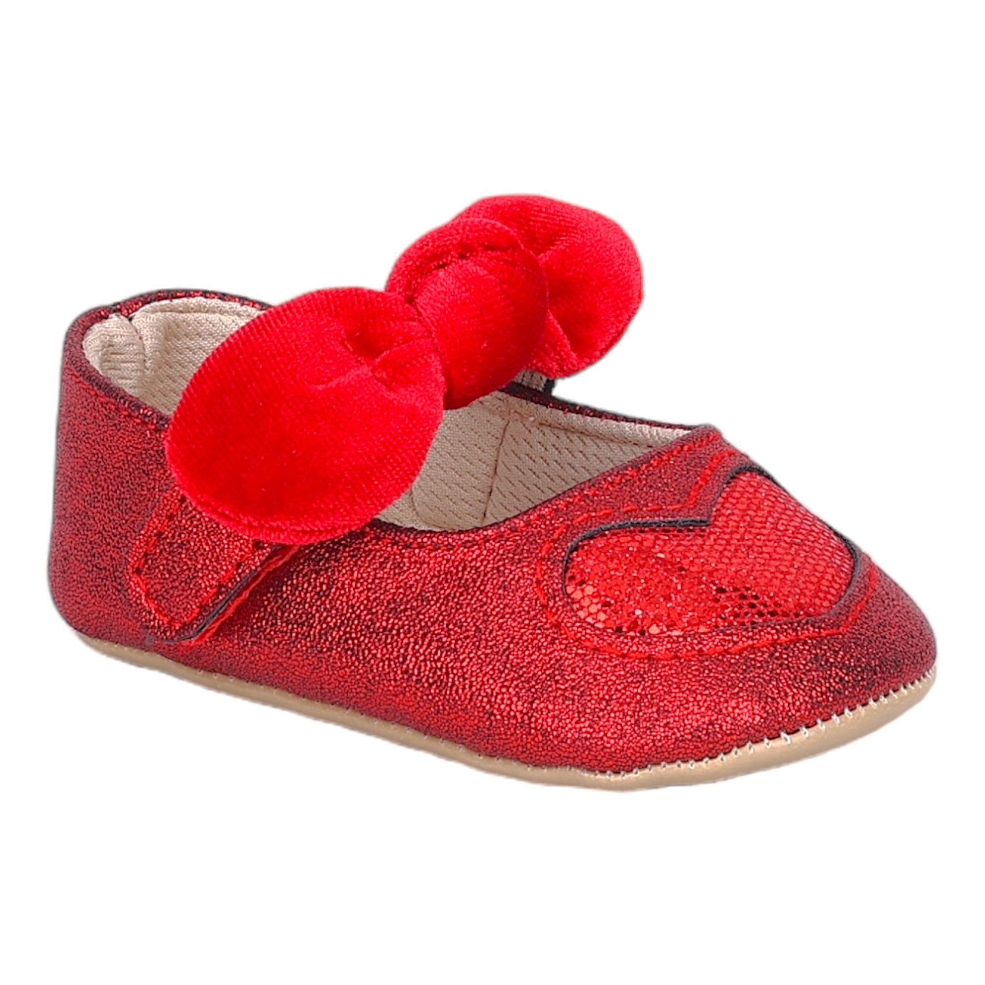 Baby Moo Sequin Heart Bow Velcro Strap Anti-Skid Ballerina Booties - Red