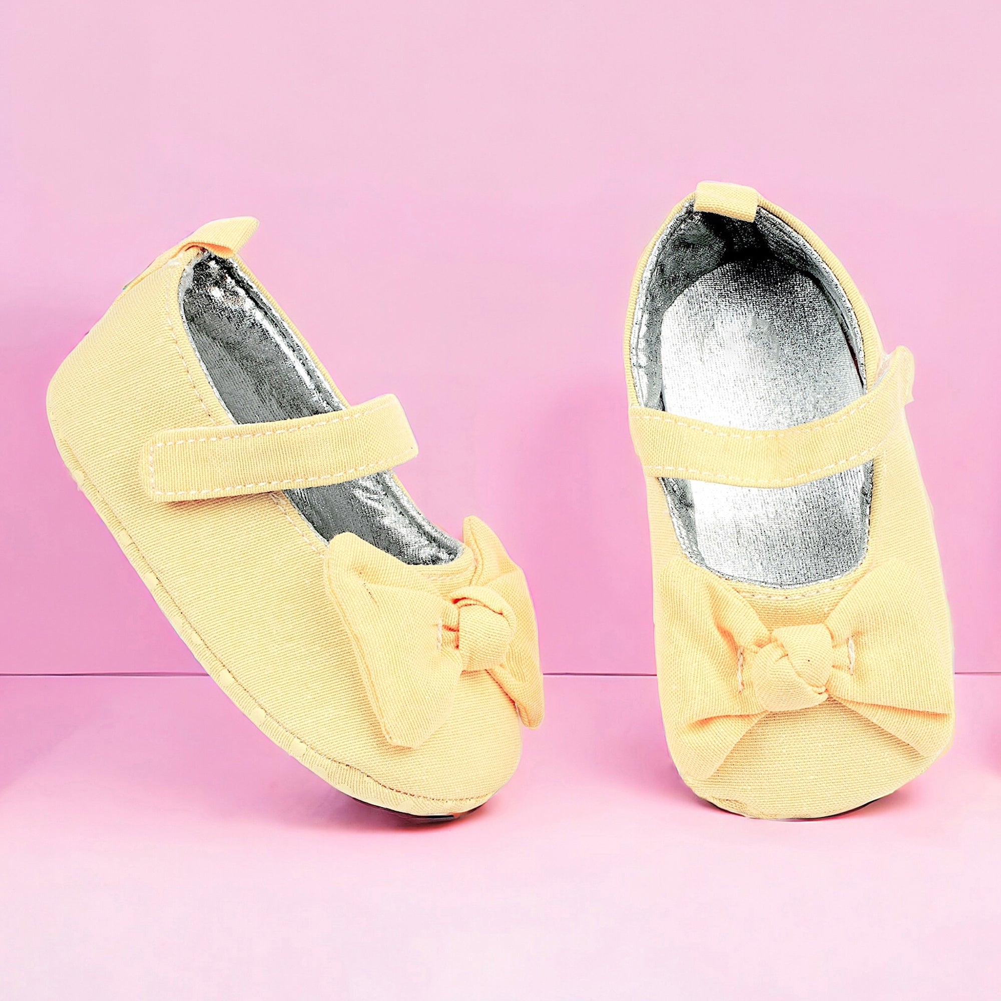 Baby Moo Pretty Bow Knot Velcro Strap Anti-Skid Ballerina Booties - Yellow