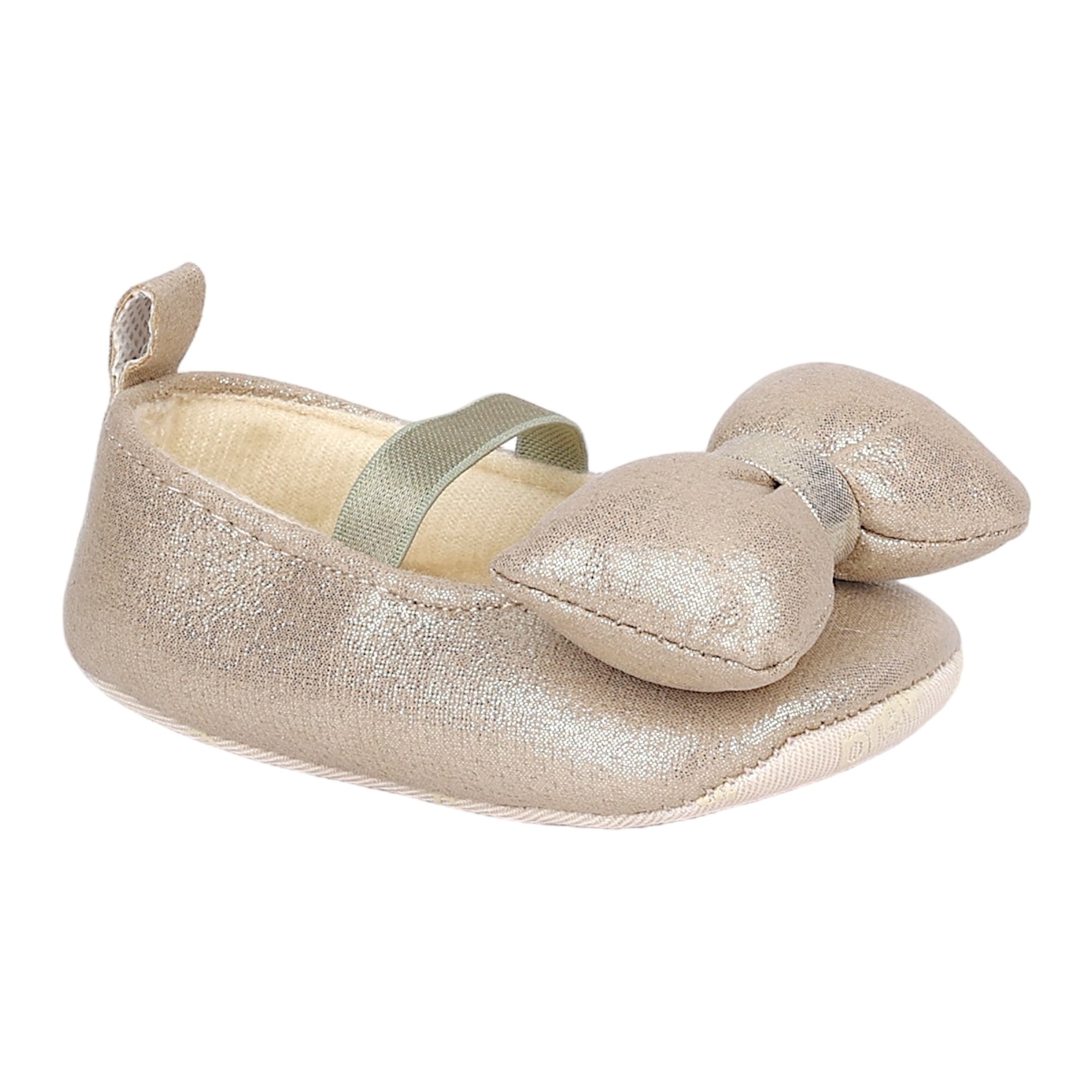 Baby Moo Partywear Shiny Bow Elastic Strap Anti-Skid Ballerina Booties - Gold