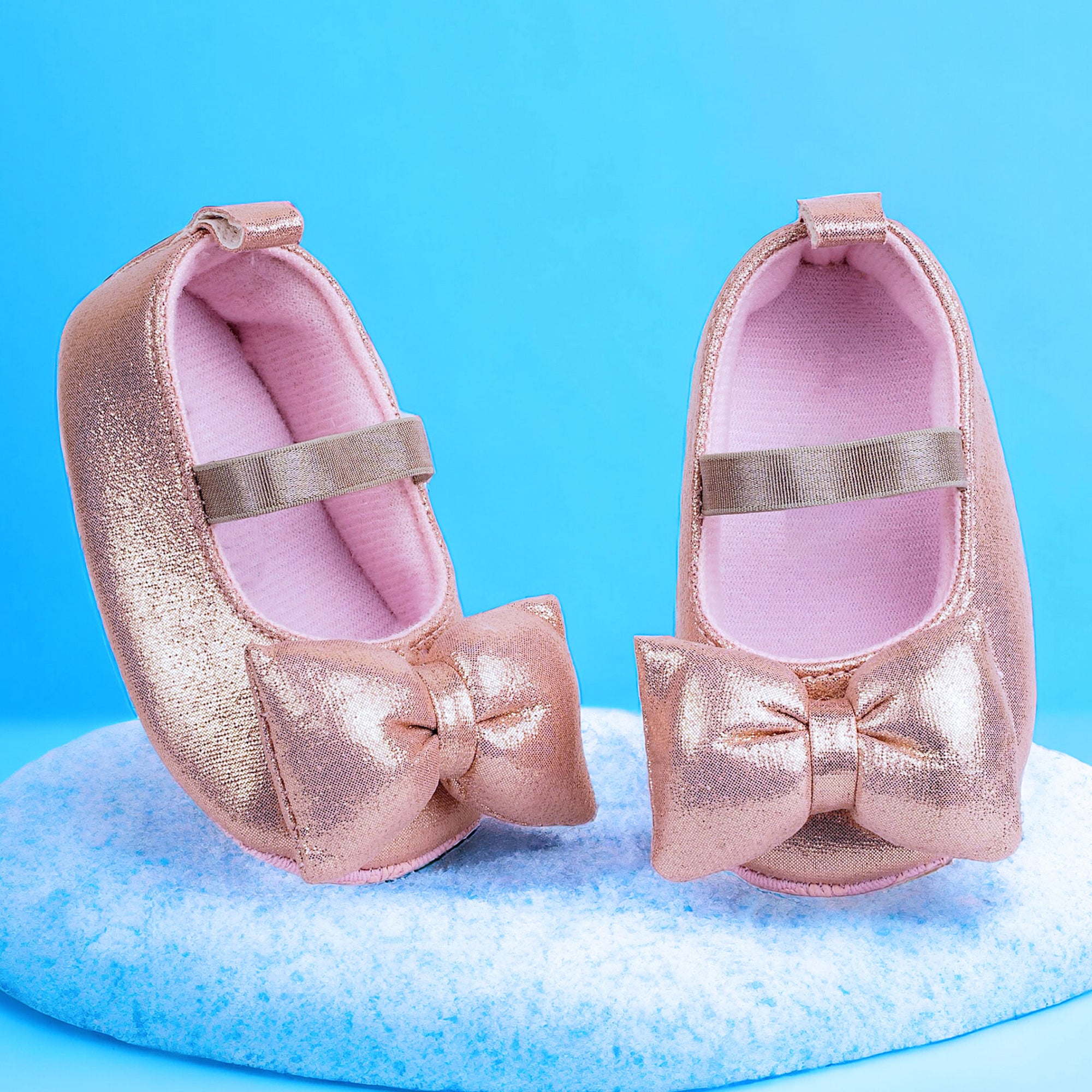Baby Moo Partywear Shiny Bow Elastic Strap Anti-Skid Ballerina Booties - Pink
