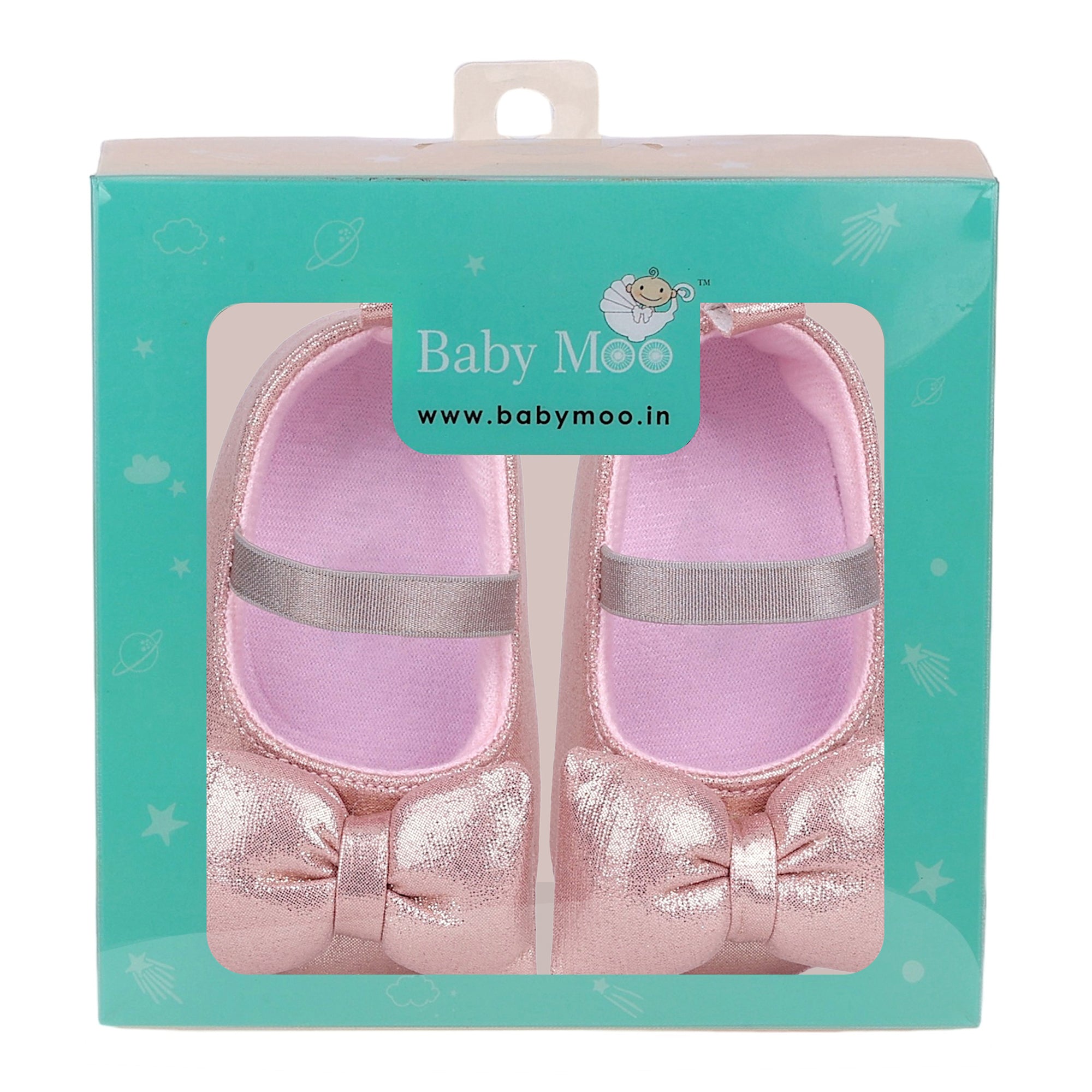 Baby Moo Partywear Shiny Bow Elastic Strap Anti-Skid Ballerina Booties - Pink