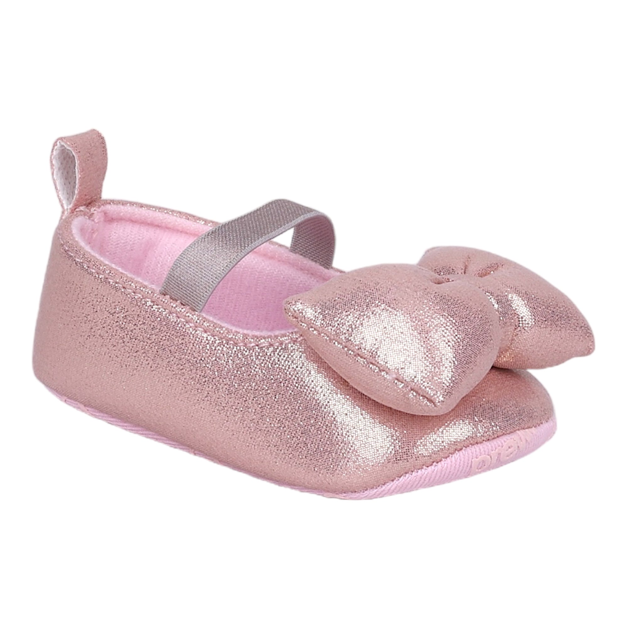 Baby Moo Partywear Shiny Bow Elastic Strap Anti-Skid Ballerina Booties - Pink
