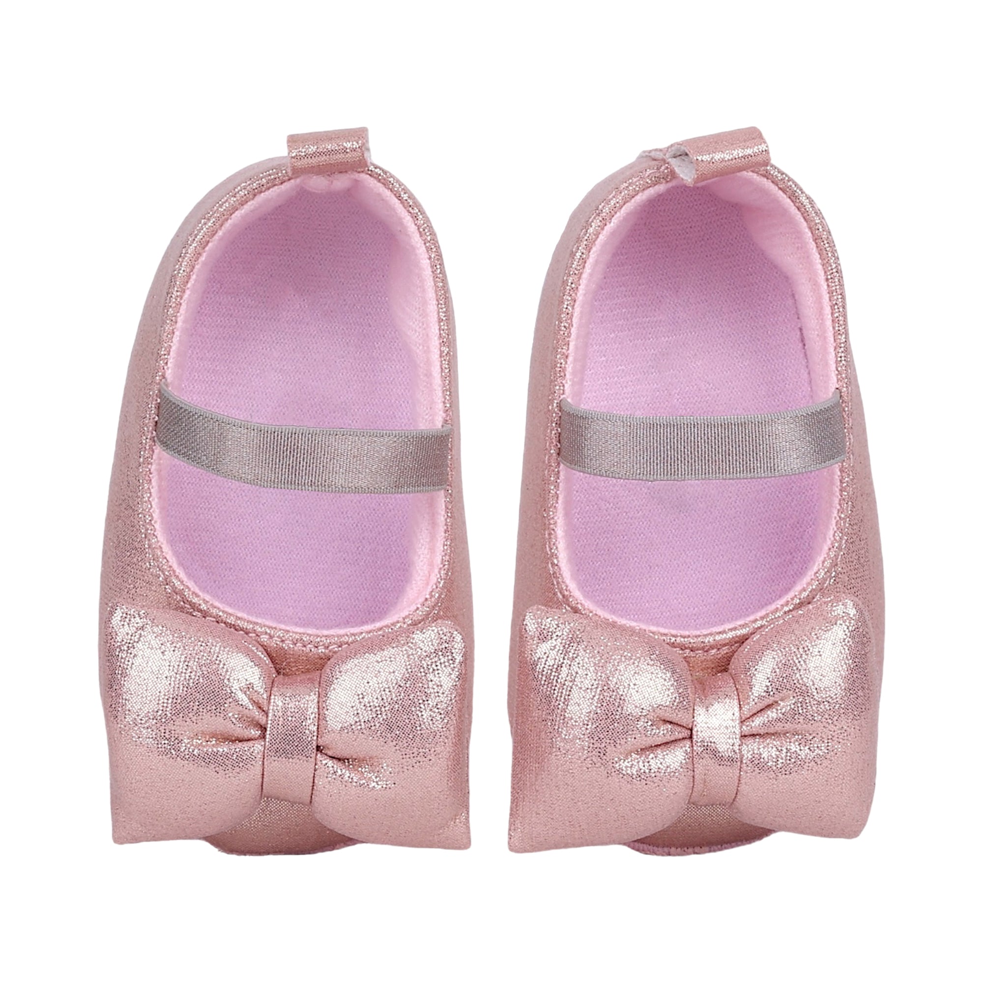 Baby Moo Partywear Shiny Bow Elastic Strap Anti-Skid Ballerina Booties - Pink