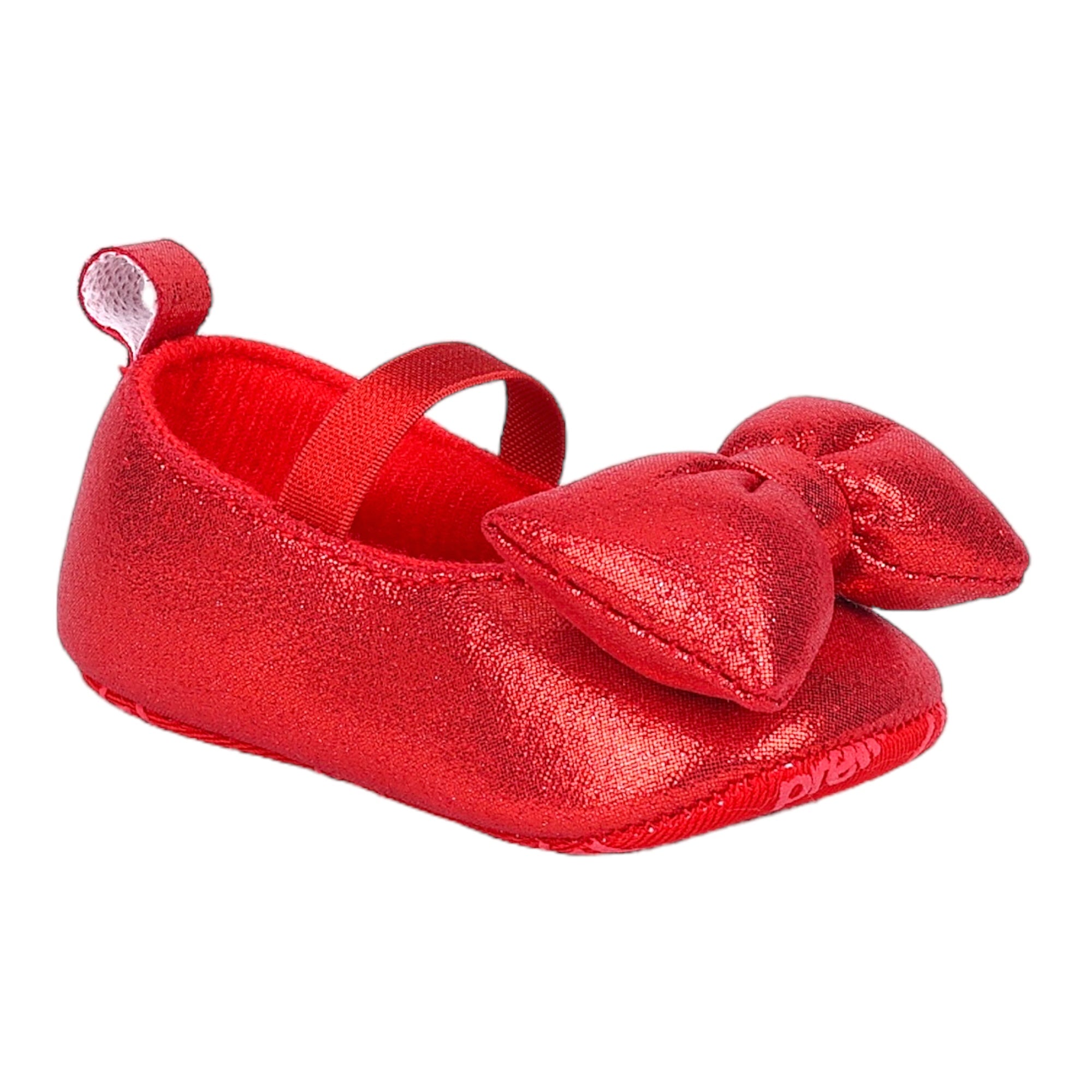 Baby Moo Partywear Shiny Bow Elastic Strap Anti-Skid Ballerina Booties - Red