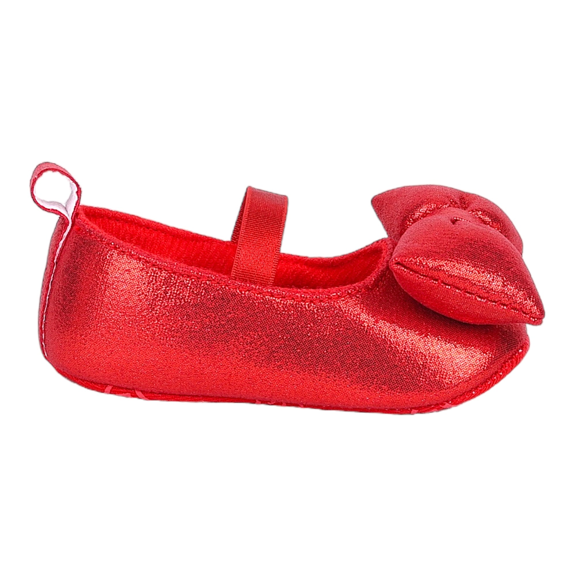 Baby Moo Partywear Shiny Bow Elastic Strap Anti-Skid Ballerina Booties - Red