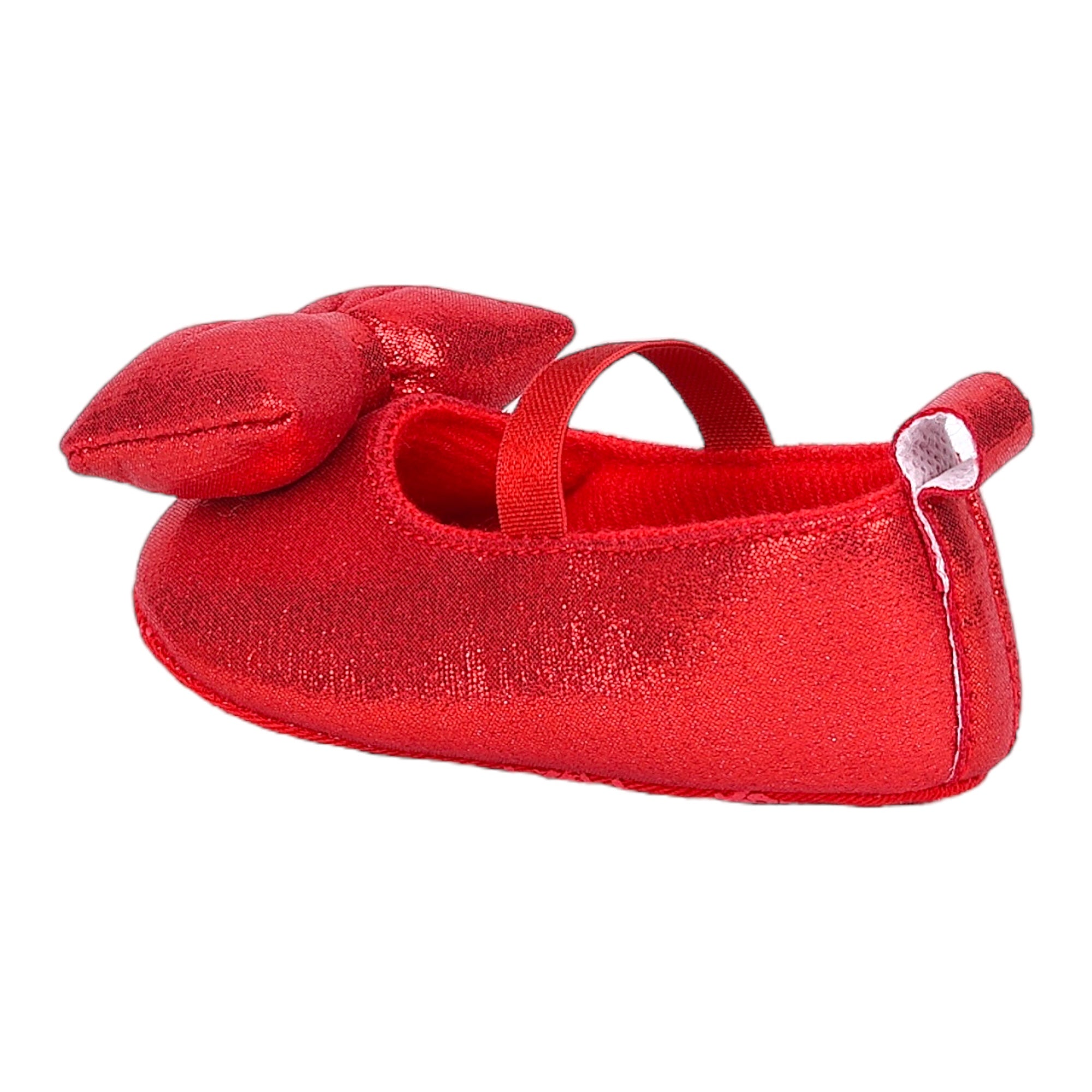 Baby Moo Partywear Shiny Bow Elastic Strap Anti-Skid Ballerina Booties - Red