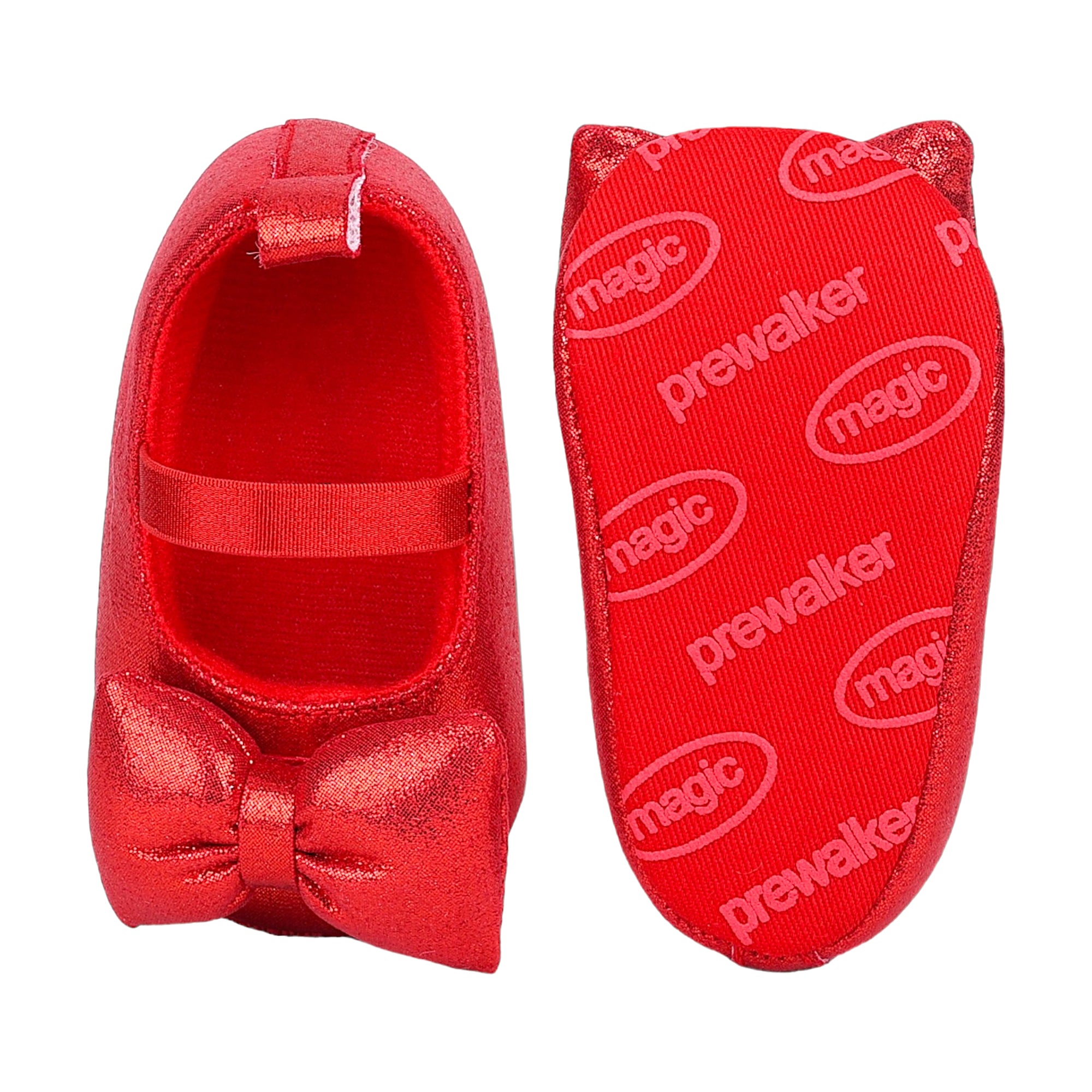Baby Moo Partywear Shiny Bow Elastic Strap Anti-Skid Ballerina Booties - Red