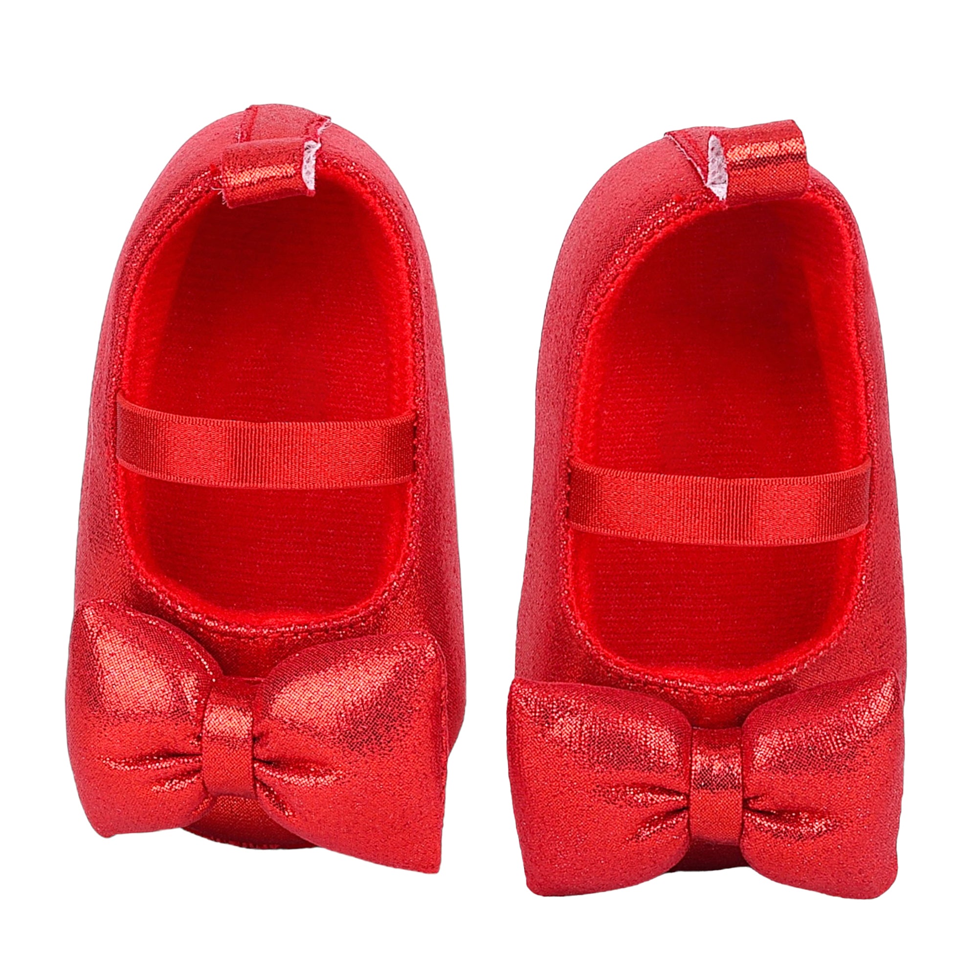 Baby Moo Partywear Shiny Bow Elastic Strap Anti-Skid Ballerina Booties - Red