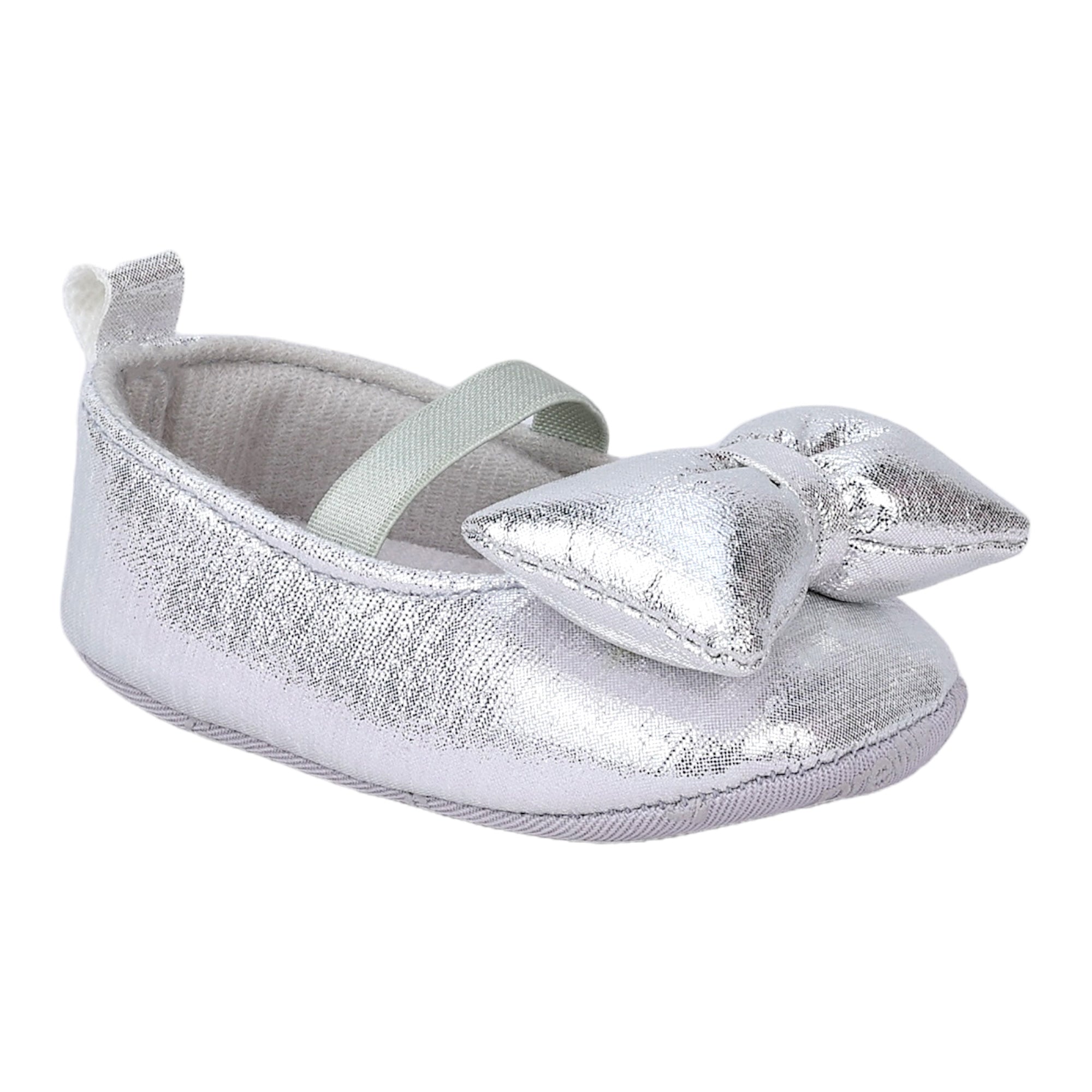 Baby Moo Partywear Shiny Bow Elastic Strap Anti-Skid Ballerina Booties - Silver