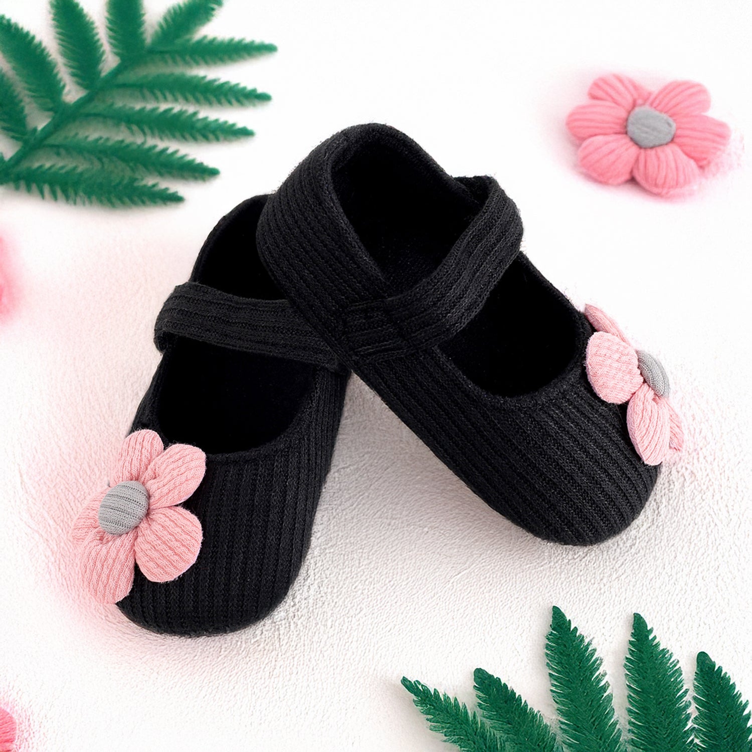 Baby Moo Floral Applique Black And Pink Booties