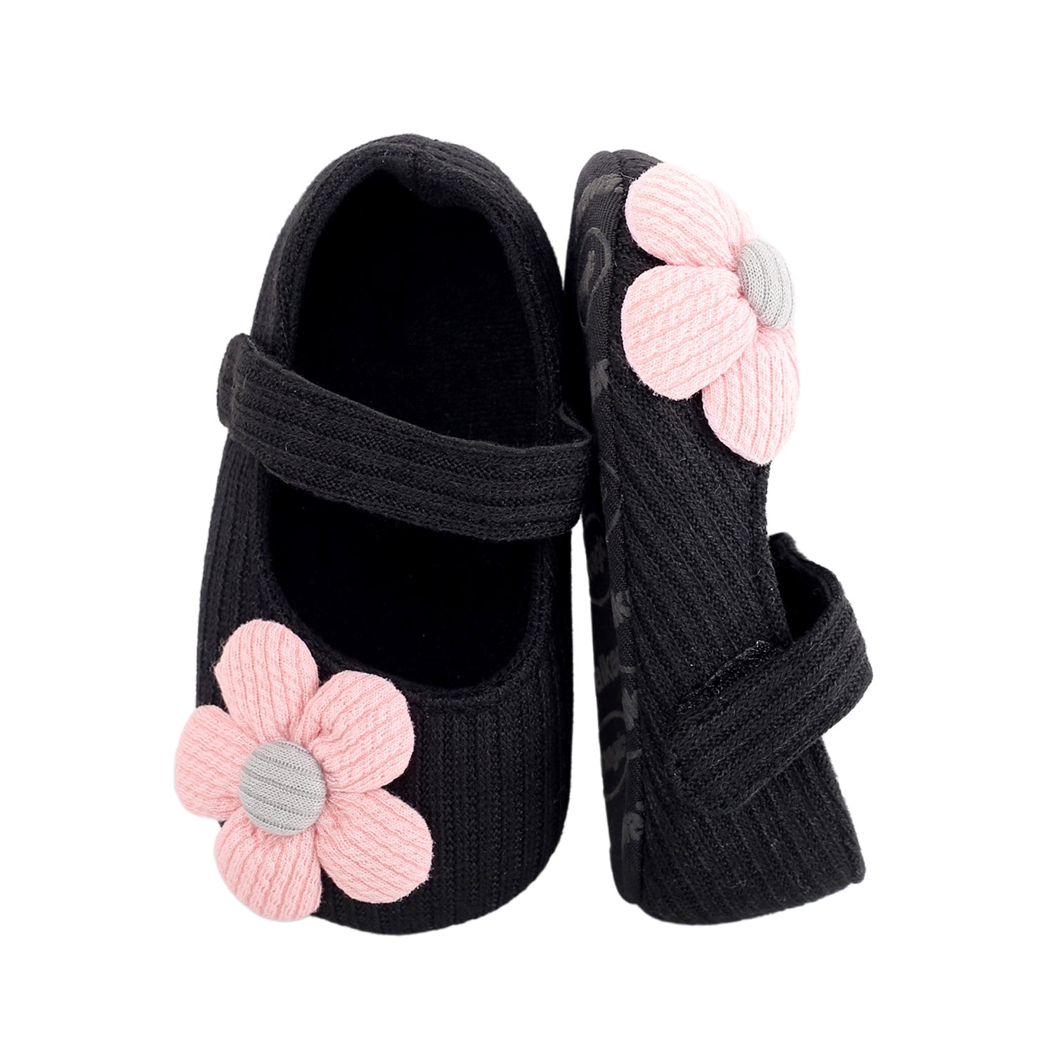 Baby Moo Floral Applique Black And Pink Booties