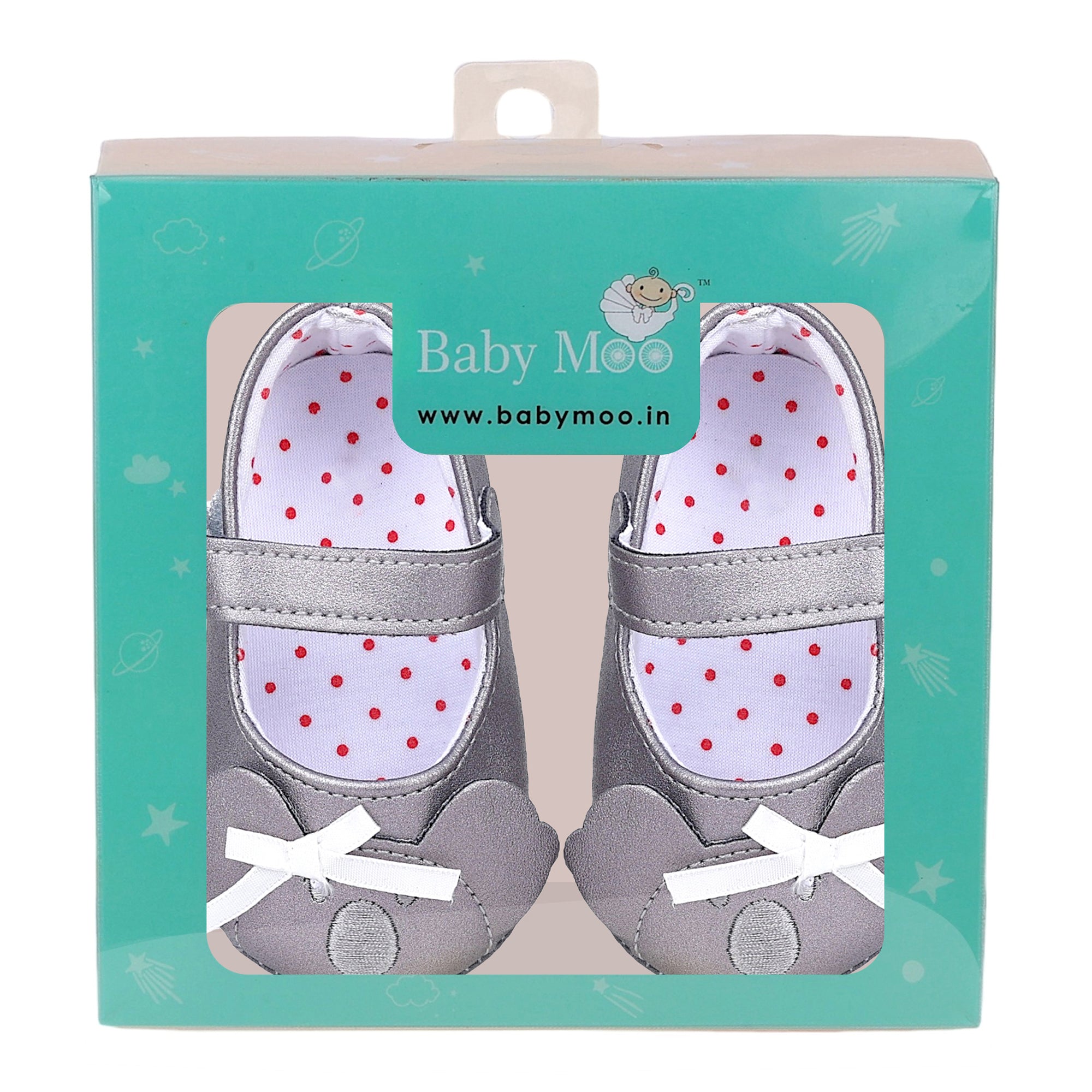 Baby Moo Koala Bow Applique Velcro Strap Anti-Skid Ballerina Booties - Grey