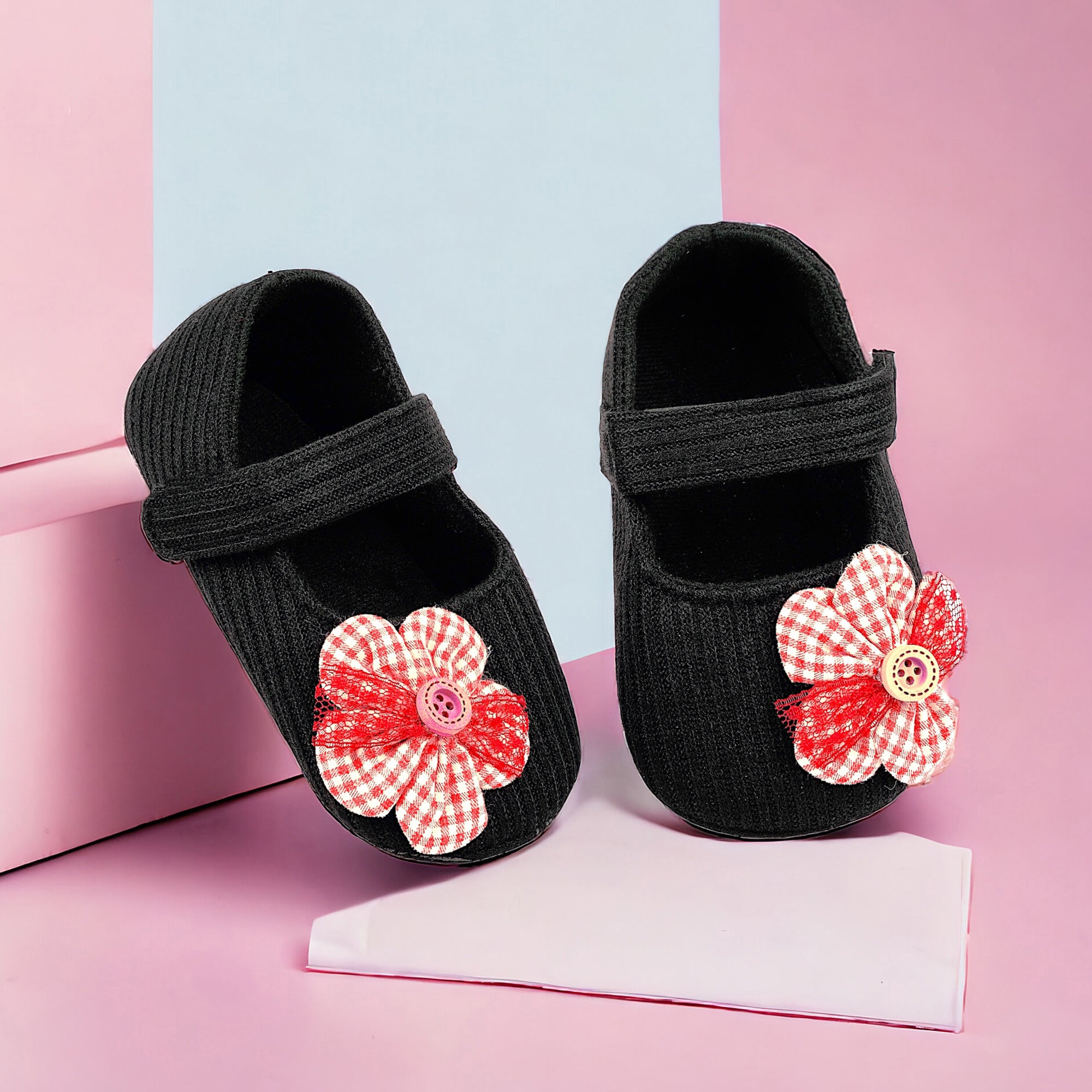 Baby Moo Flower Button Velcro Strap Ribbed Anti-Skid Ballerina Booties - Black, Red