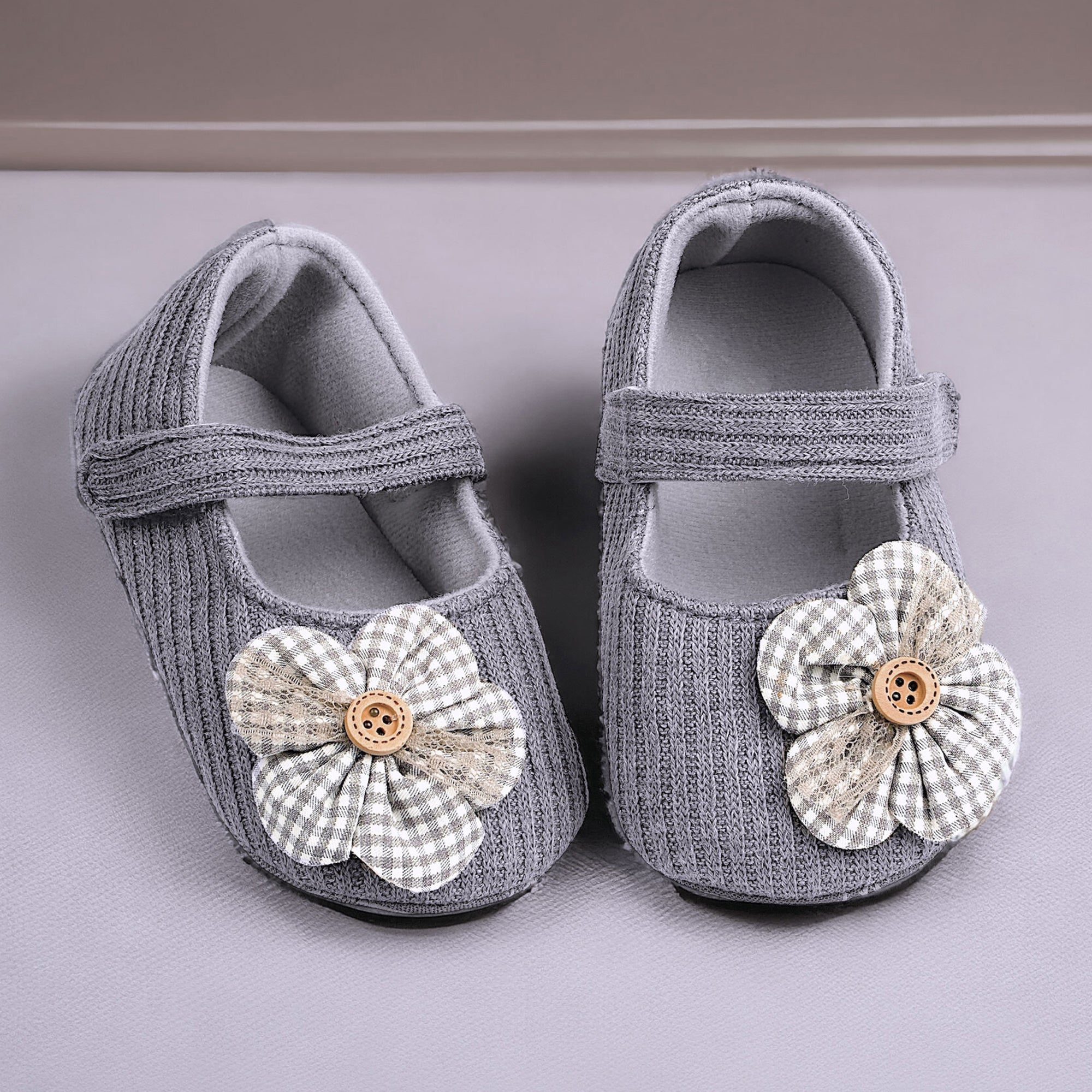 Baby Moo Flower Button Velcro Strap Ribbed Anti-Skid Ballerina Booties - Grey