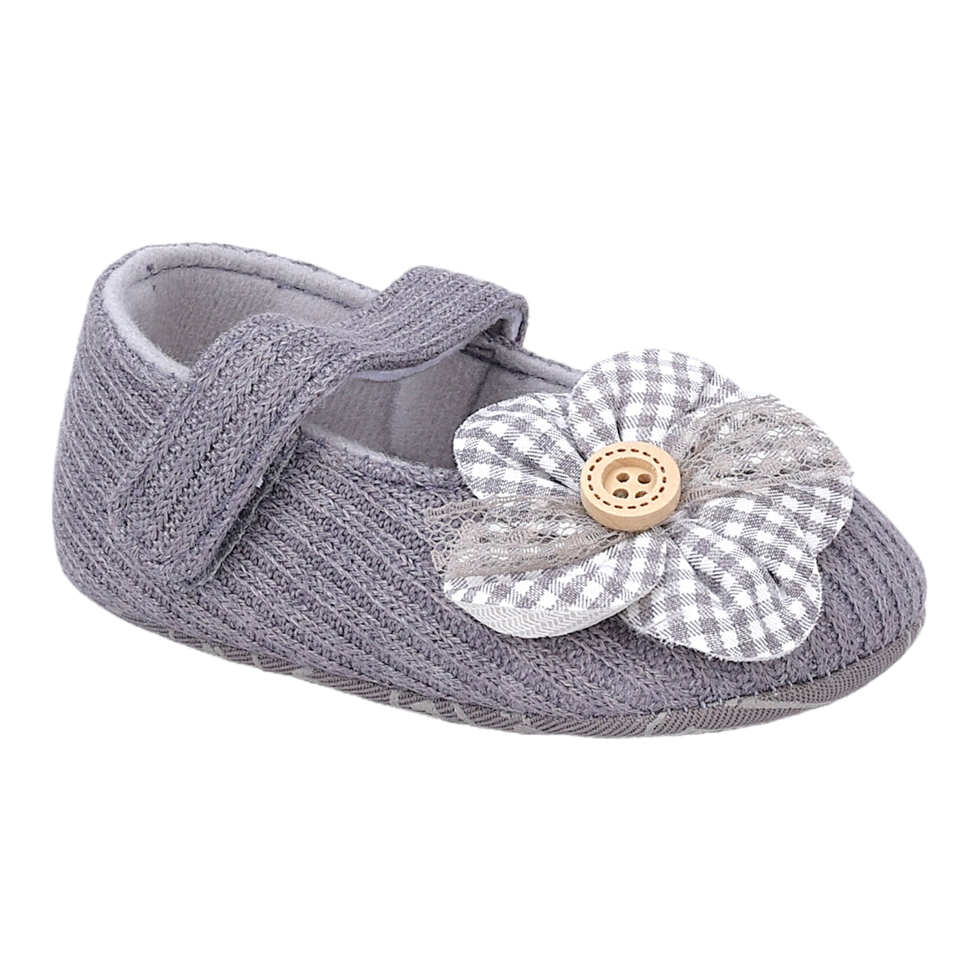 Baby Moo Flower Button Velcro Strap Ribbed Anti-Skid Ballerina Booties - Grey