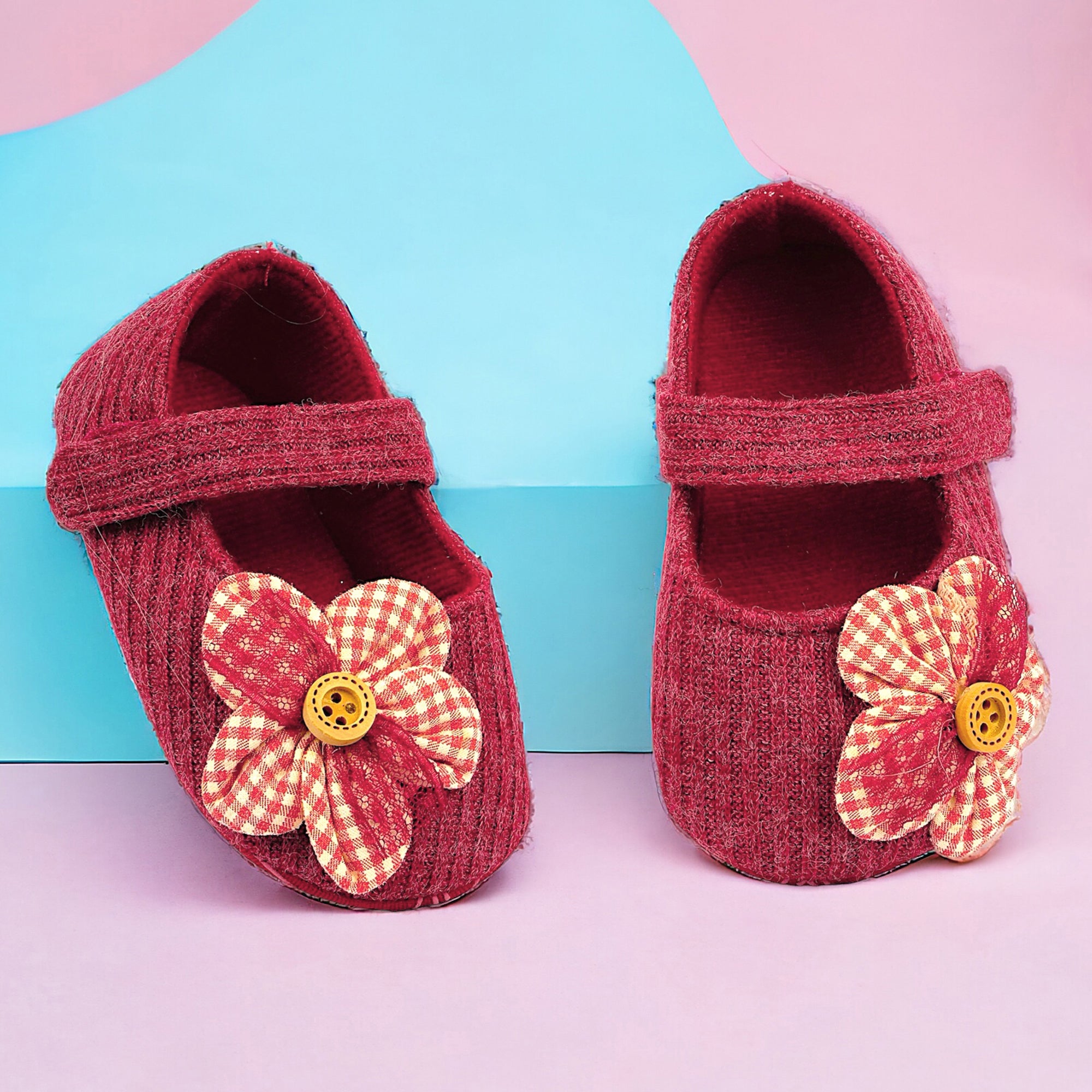 Baby Moo Flower Button Velcro Strap Ribbed Anti-Skid Ballerina Booties - Red