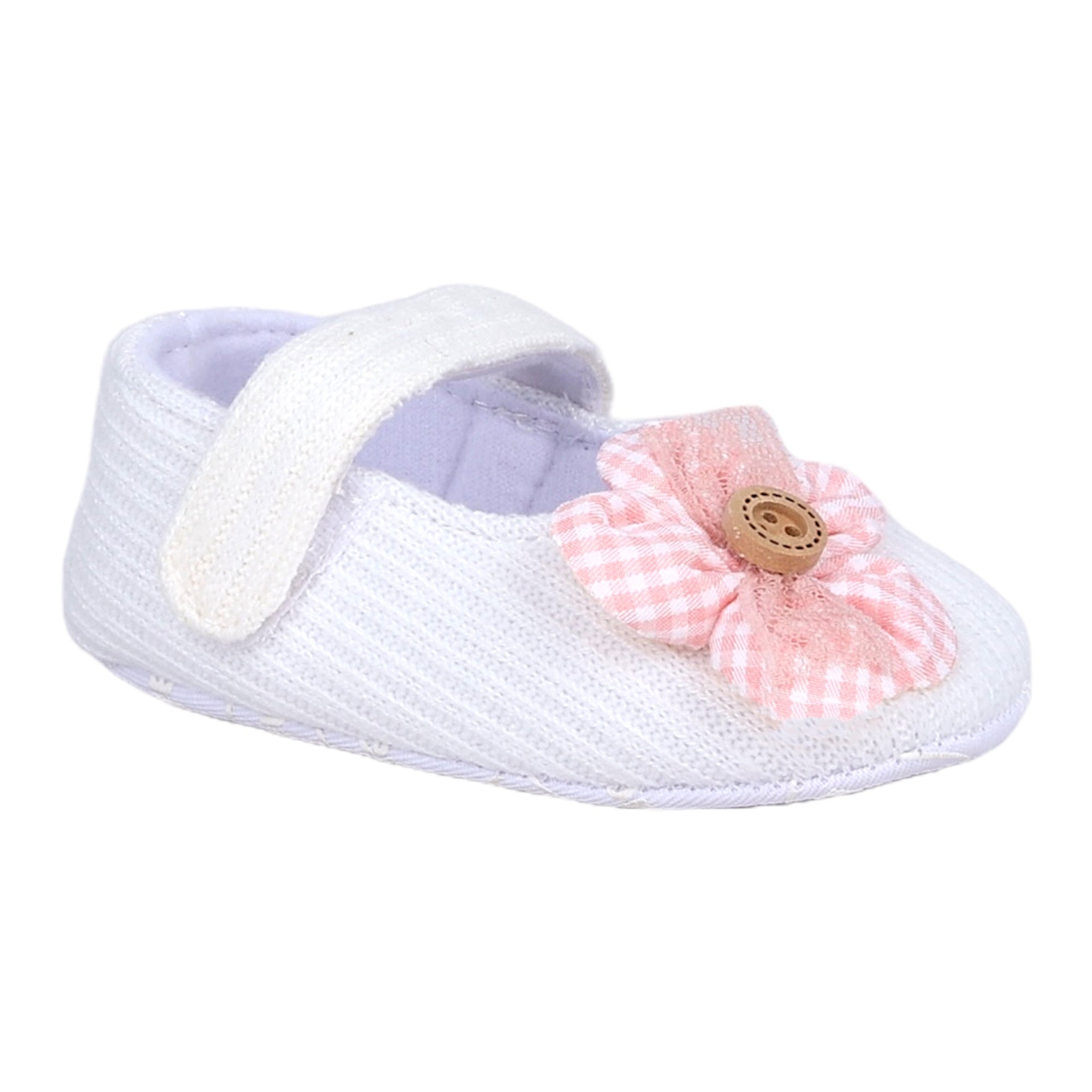 Baby Moo Flower Button Velcro Strap Ribbed Anti-Skid Ballerina Booties - White