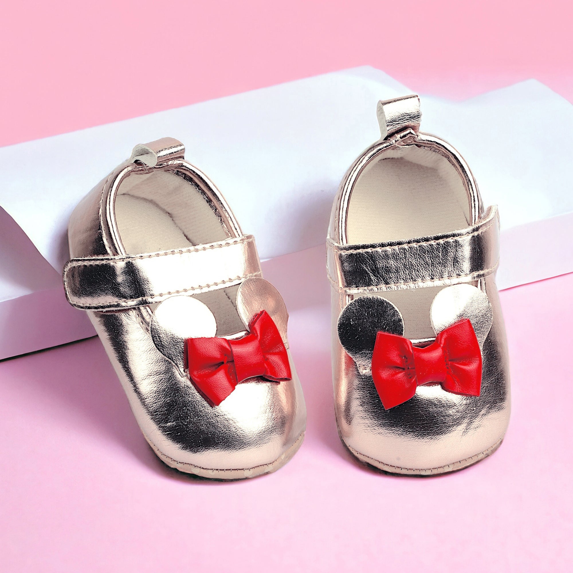 Baby Moo Mini Mouse Bow Velcro Strap Anti-Skid Ballerina Booties - Gold, Metallic