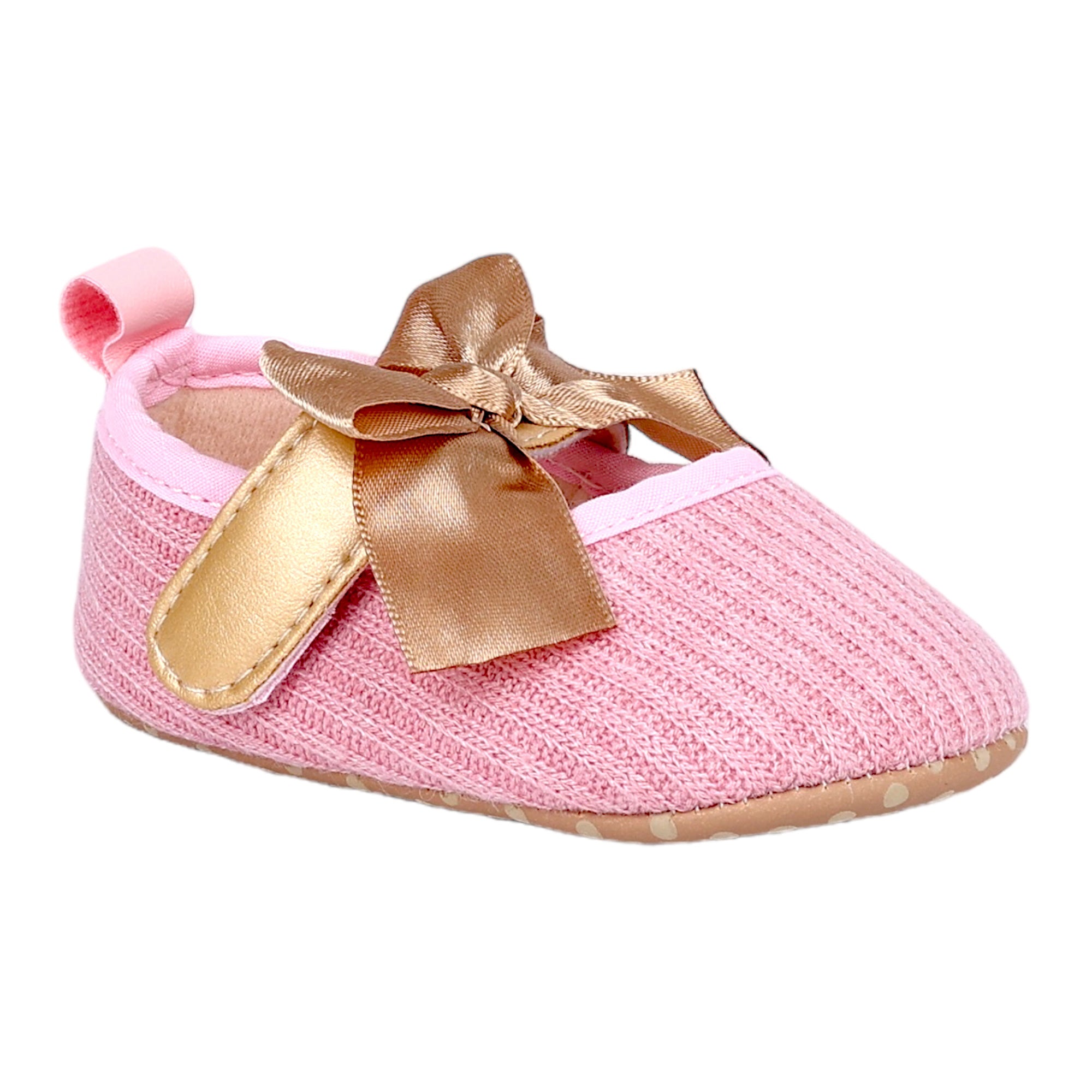 Baby Moo Bow Knot Velcro Strap Ribbed Anti-Skid Ballerina Booties - Pink