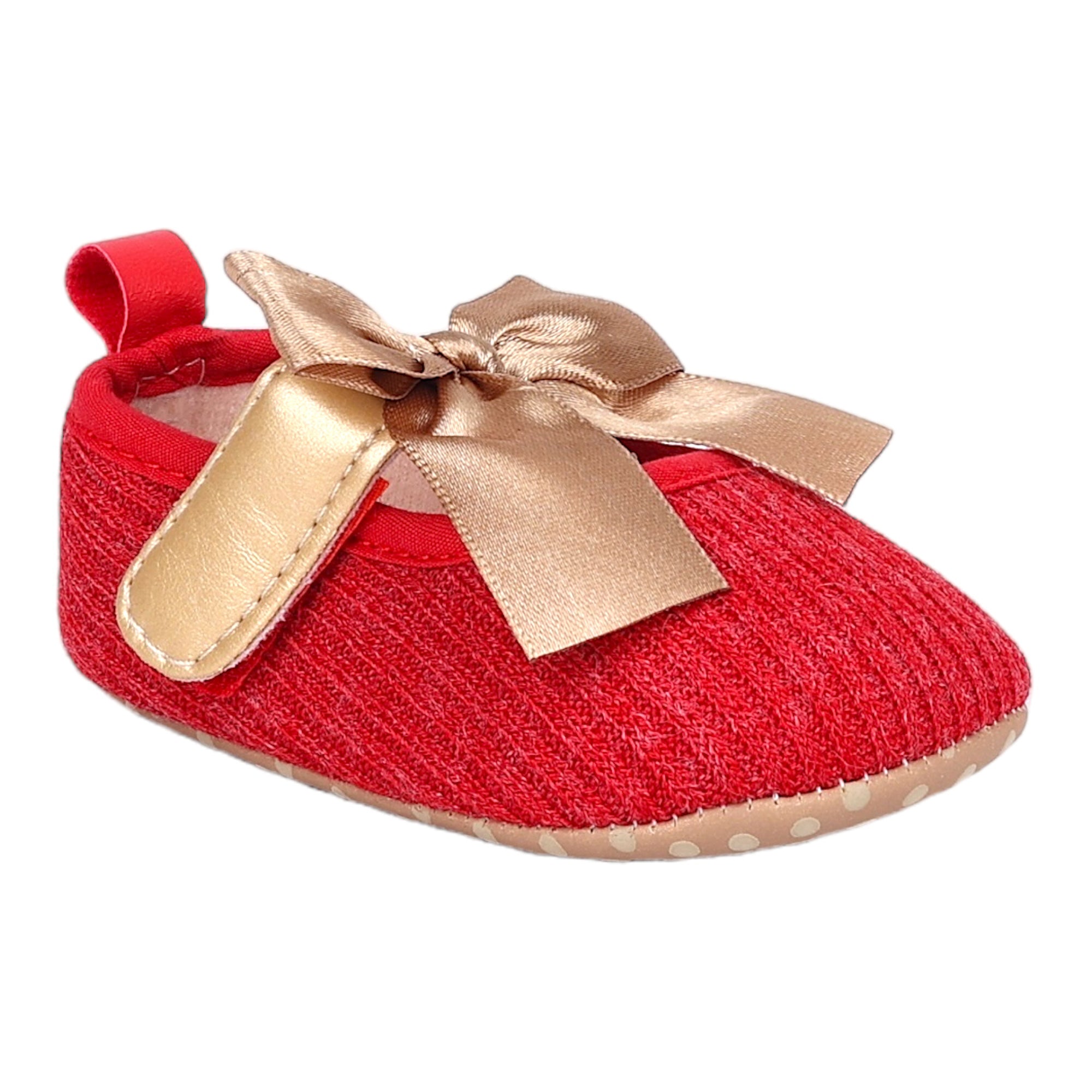 Baby Moo Bow Knot Velcro Strap Ribbed Anti-Skid Ballerina Booties - Red