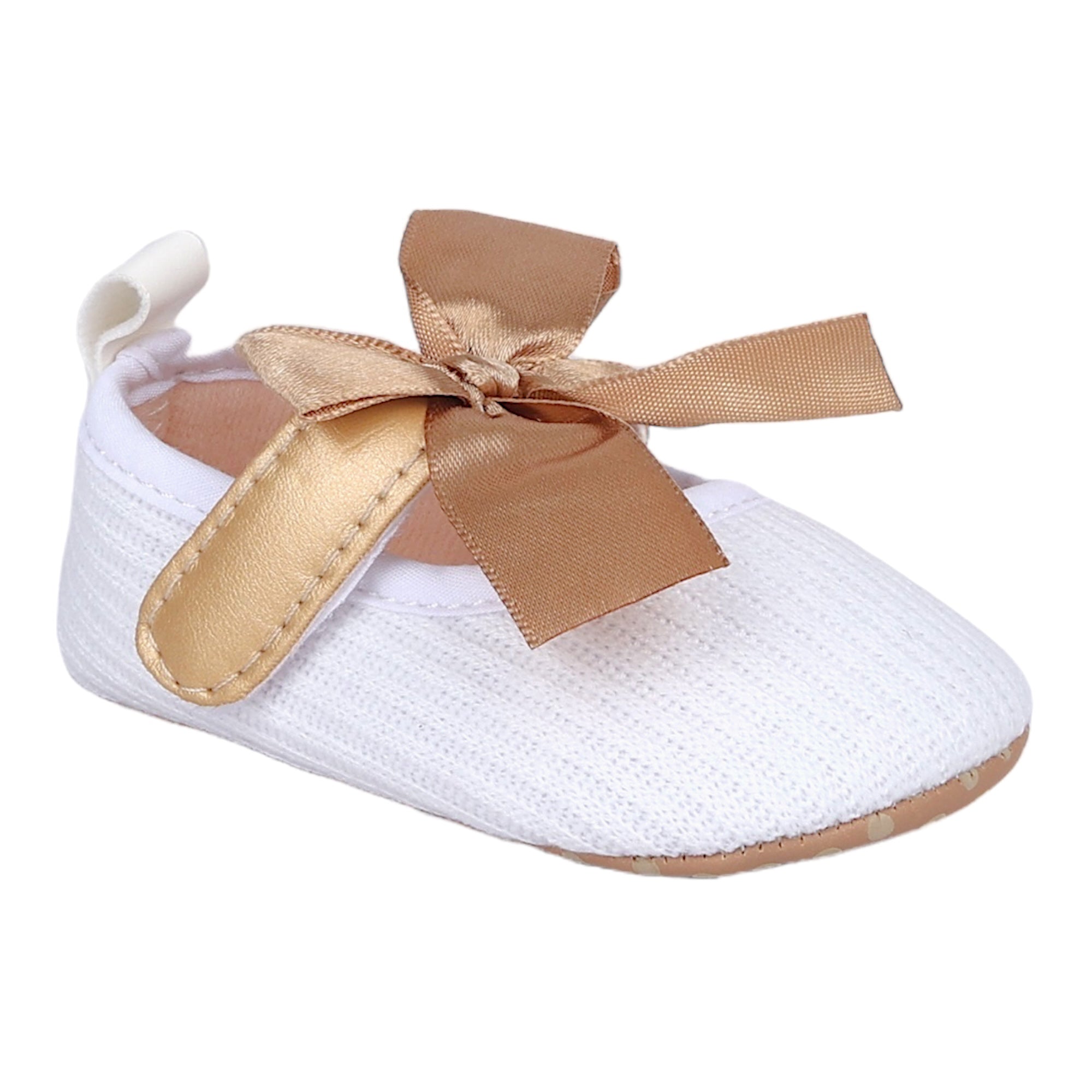 Baby Moo Bow Knot Velcro Strap Ribbed Anti-Skid Ballerina Booties - White
