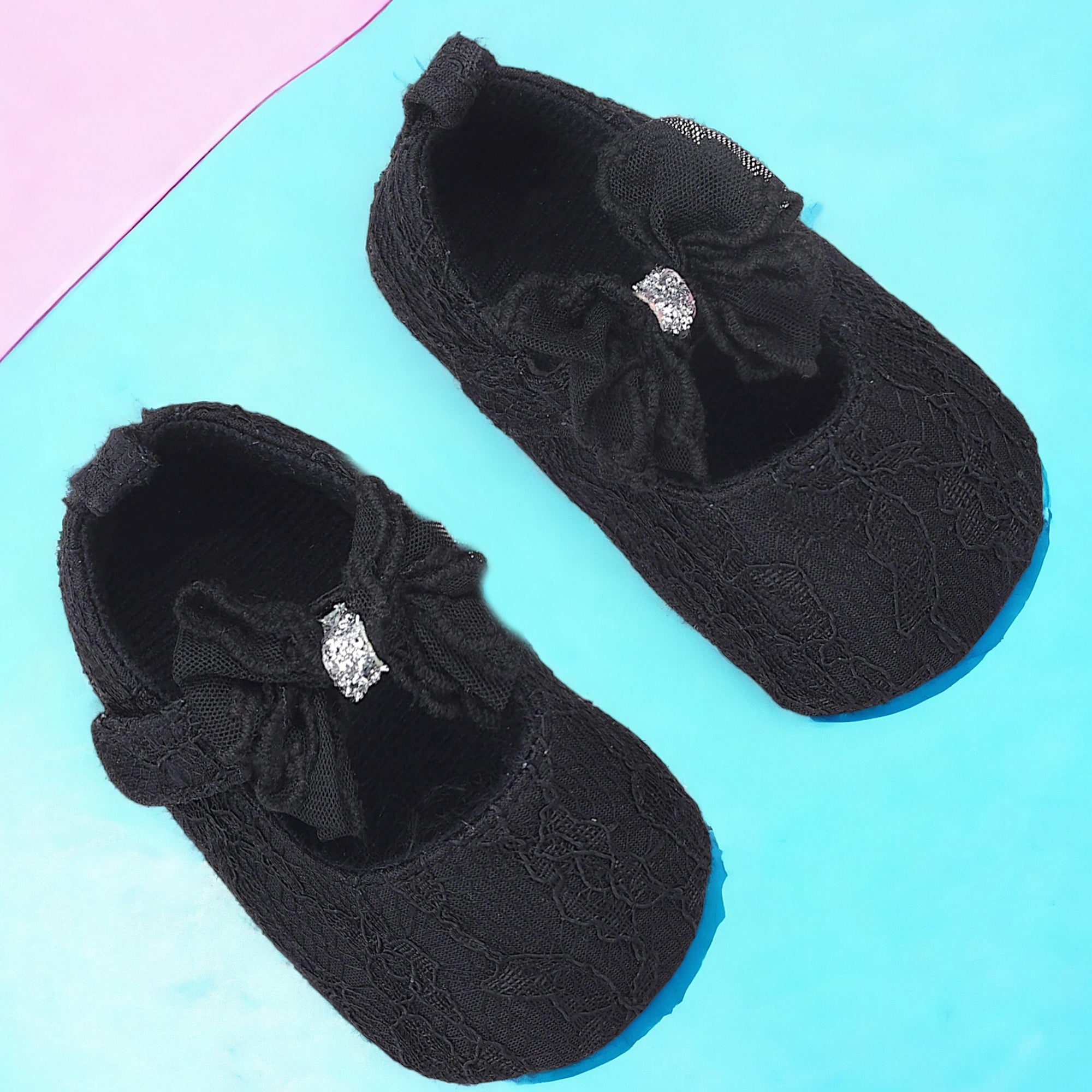 Baby Moo Lace Glitter Bow Velcro Strap Anti-Skid Ballerina Booties - Black