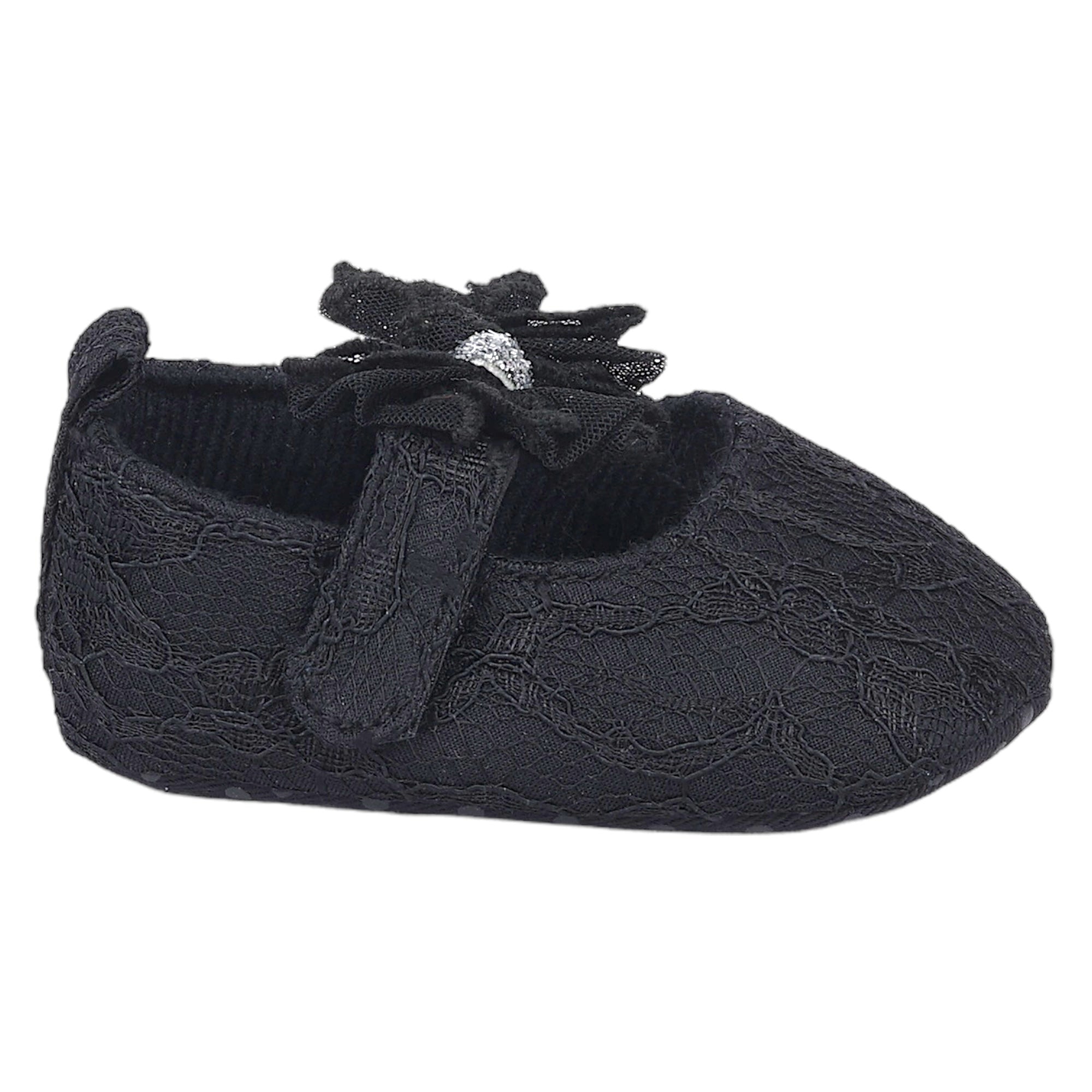 Baby Moo Lace Glitter Bow Velcro Strap Anti-Skid Ballerina Booties - Black