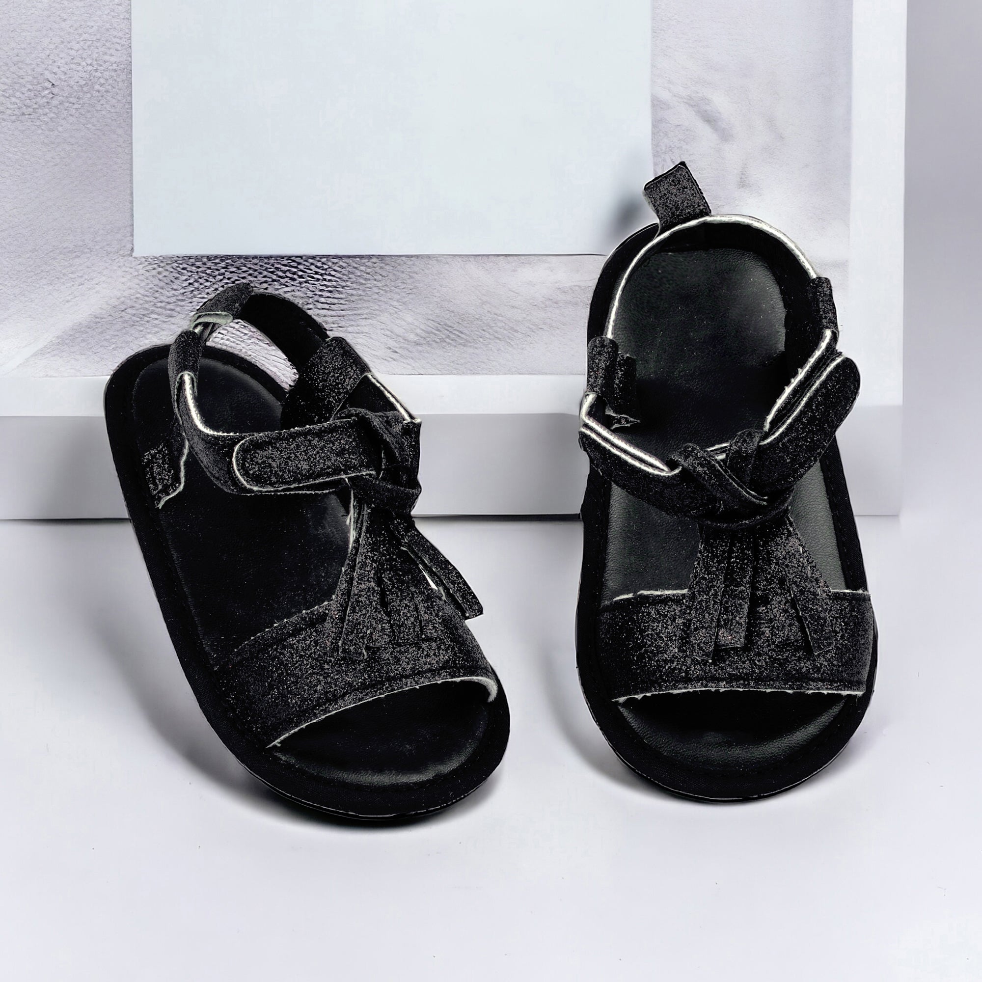 Baby Moo Stylish Tassel All Season Glitter Velcro Straps Anti-Skid Sandals - Black