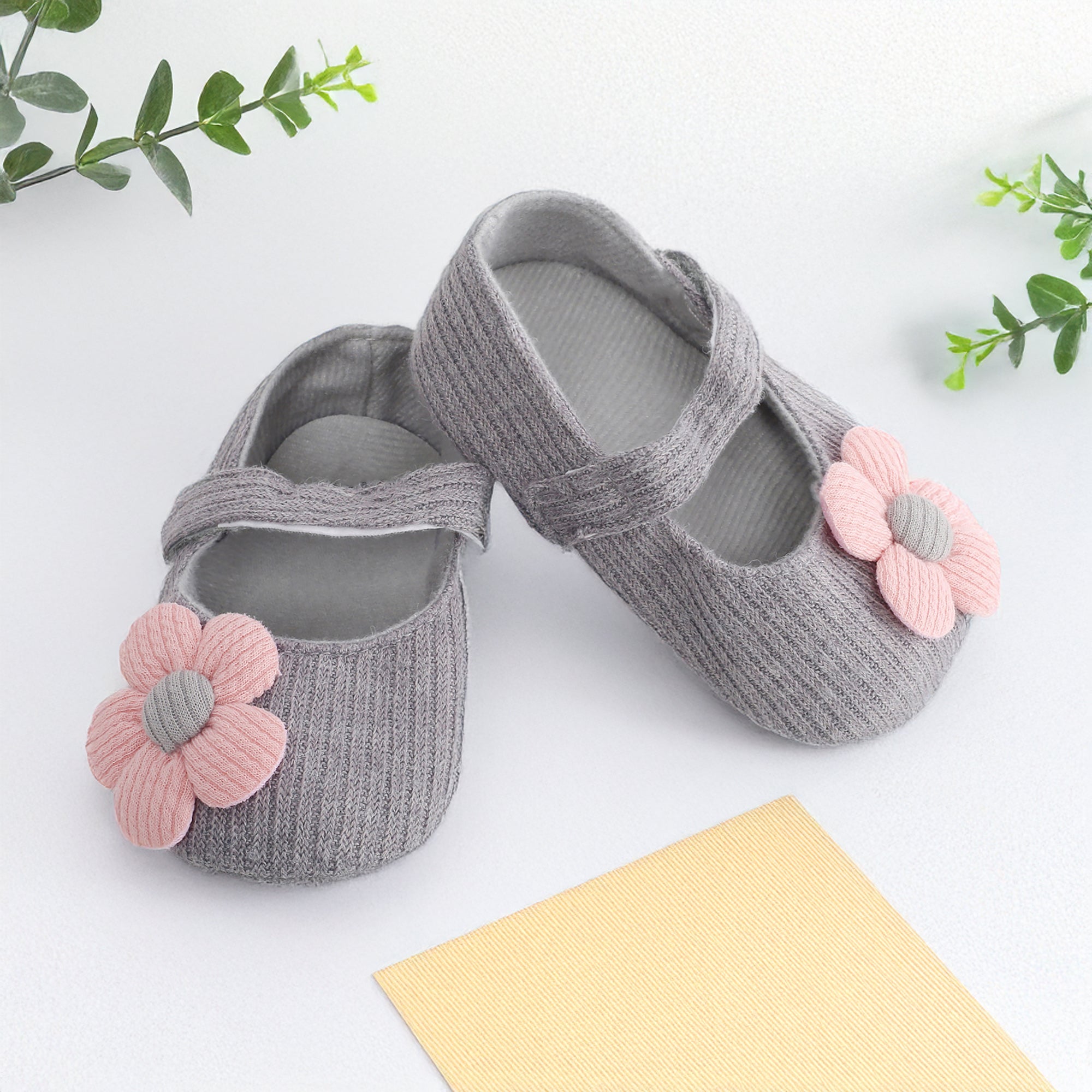 Baby Moo Floral Applique Grey And Peach Booties