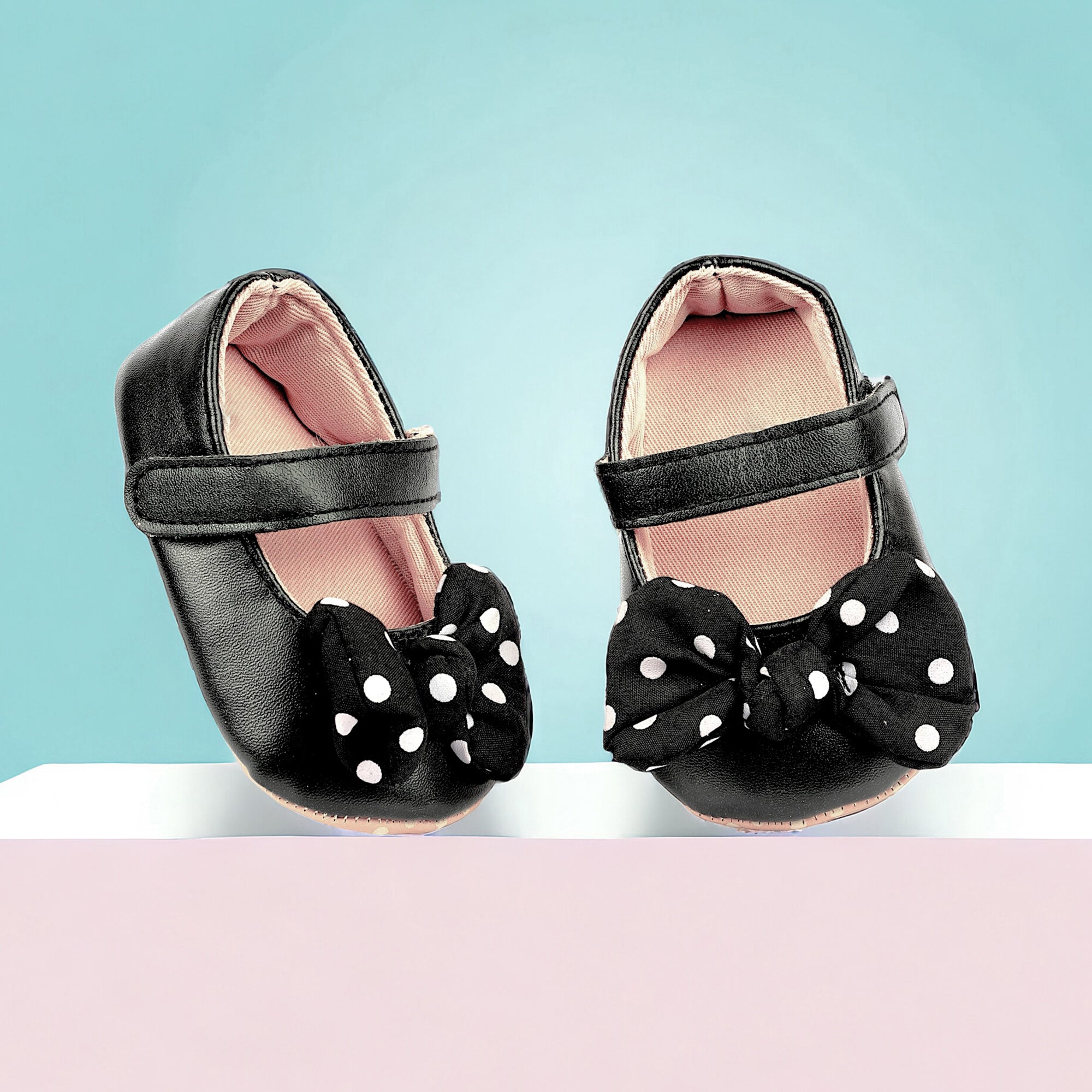 Baby Moo Polka Dot Bow Velcro Strap Anti-Skid Ballerina Booties - Black