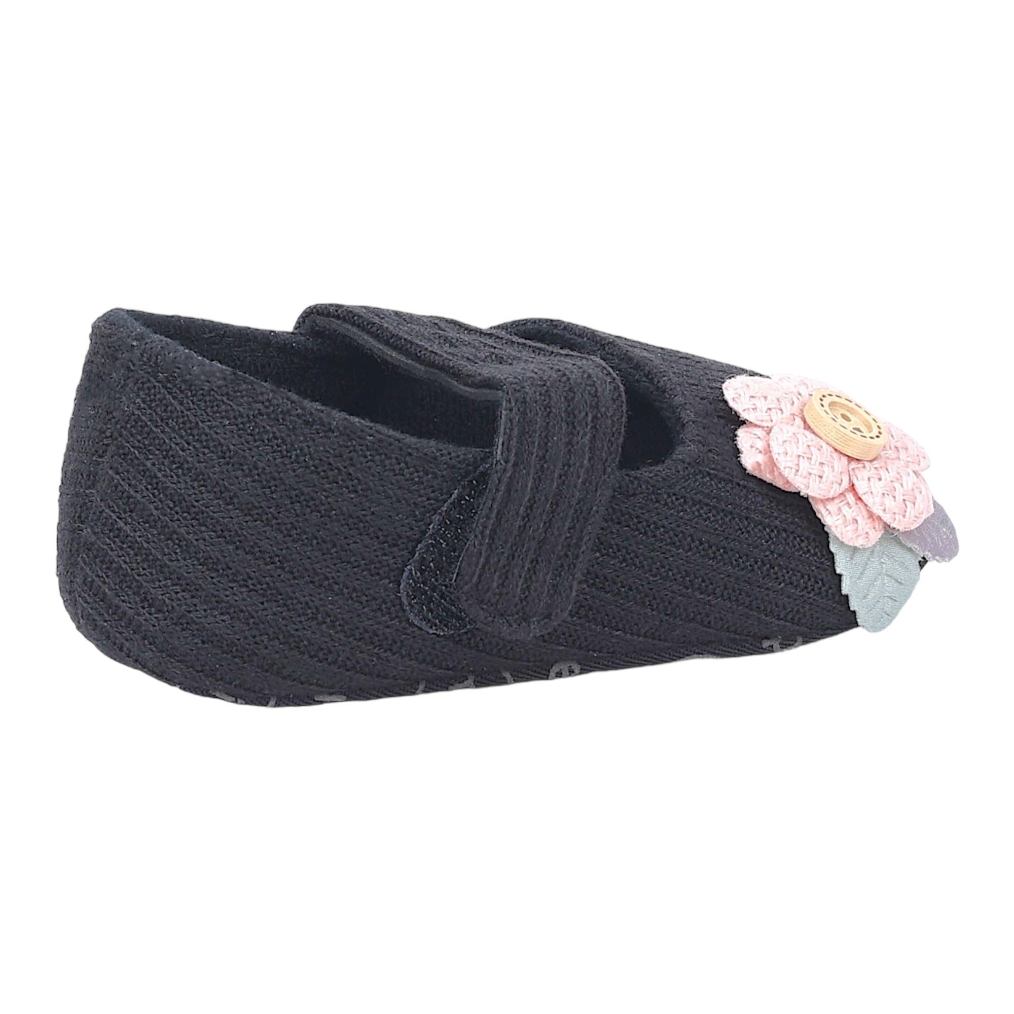 Baby Moo 3D Flower Button Velcro Strap Anti-Skid Ballerina Booties - Black