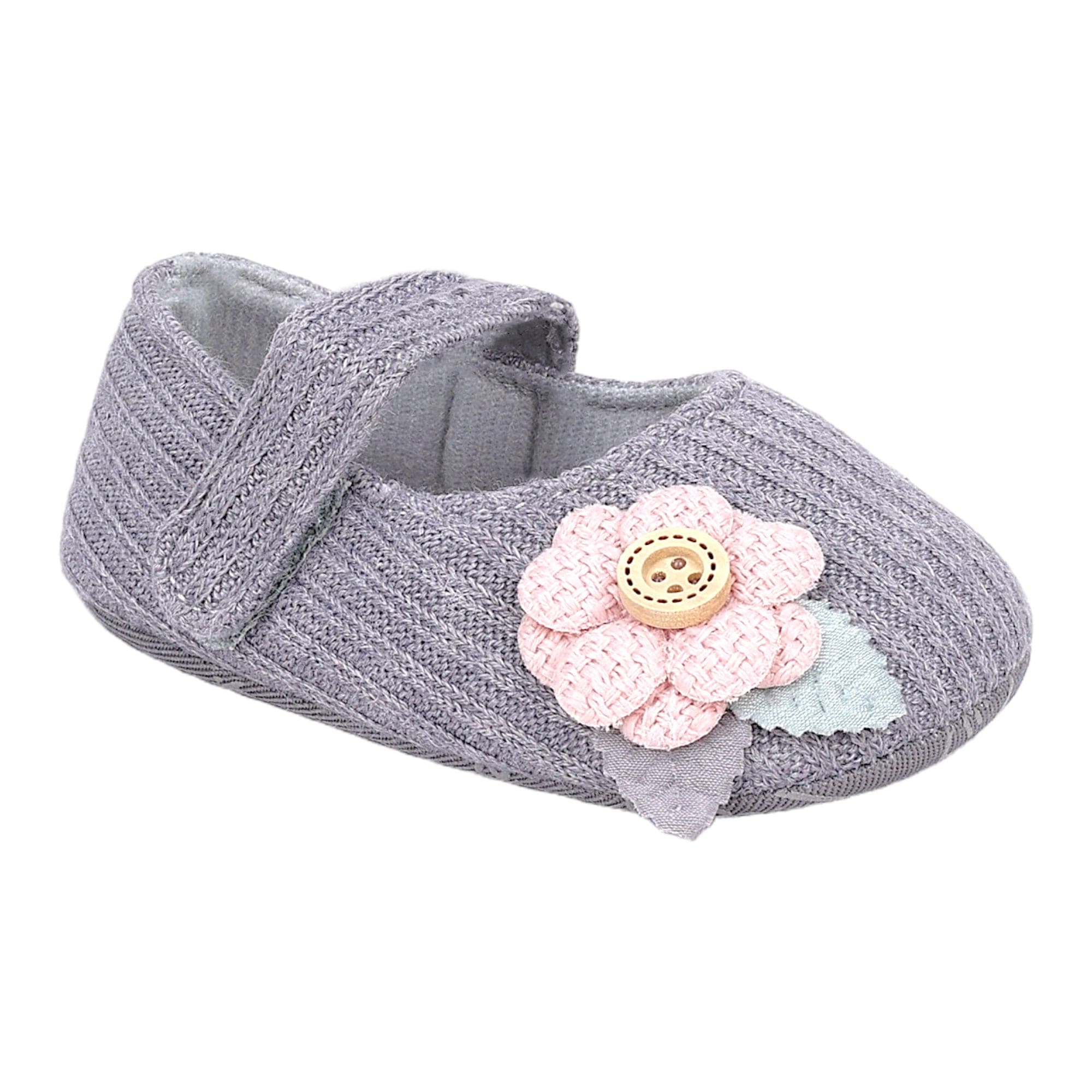 Baby Moo 3D Flower Button Velcro Strap Anti-Skid Ballerina Booties - Grey