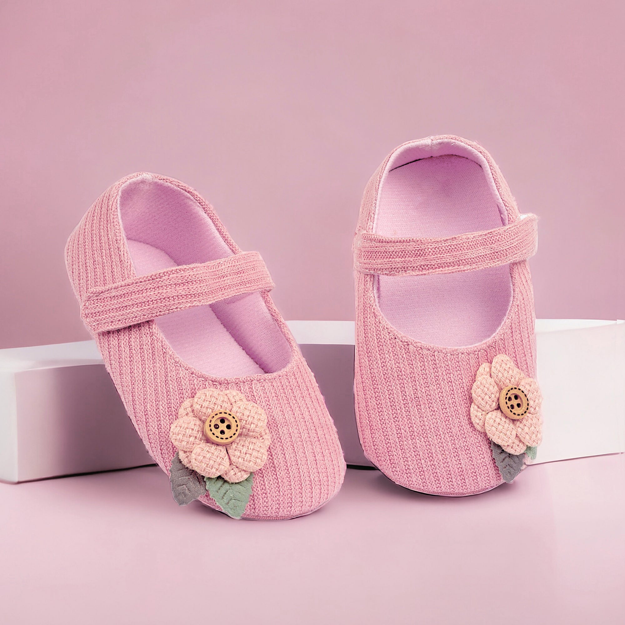 Baby Moo 3D Flower Button Velcro Strap Anti-Skid Ballerina Booties - Pink