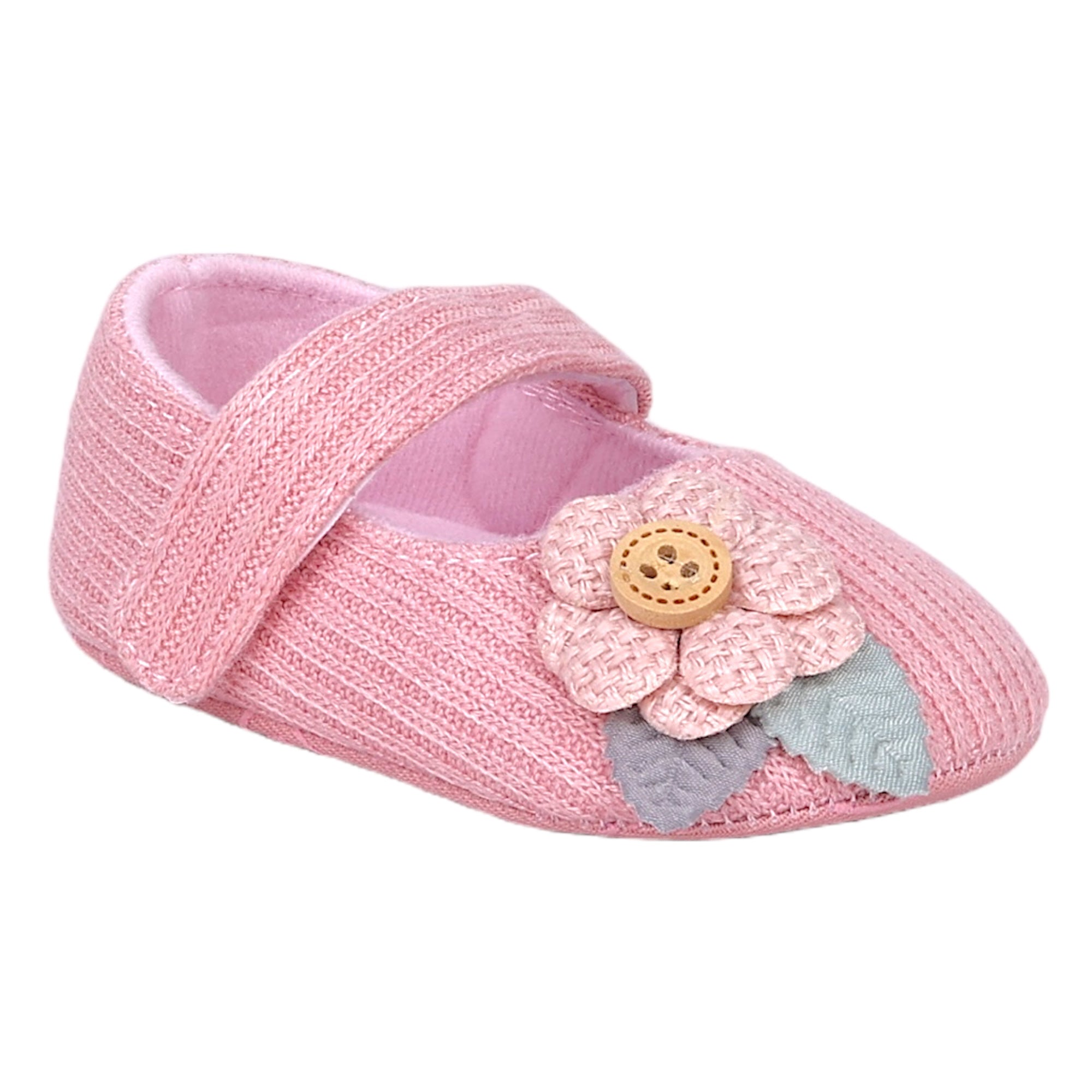 Baby Moo 3D Flower Button Velcro Strap Anti-Skid Ballerina Booties - Pink