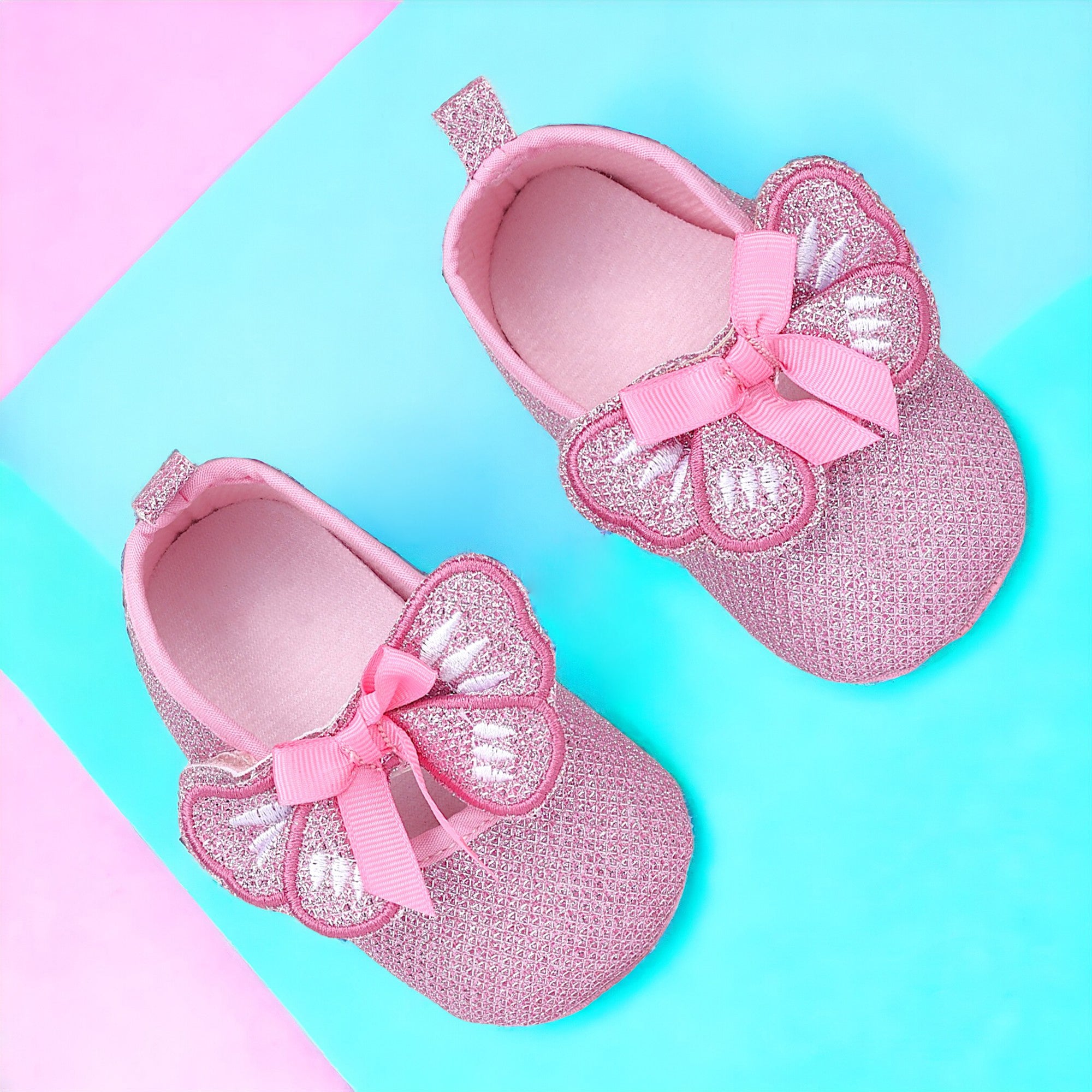 Baby Moo Butterfly Bow Shiny Party Anti-Skid Ballerina Booties - Pink