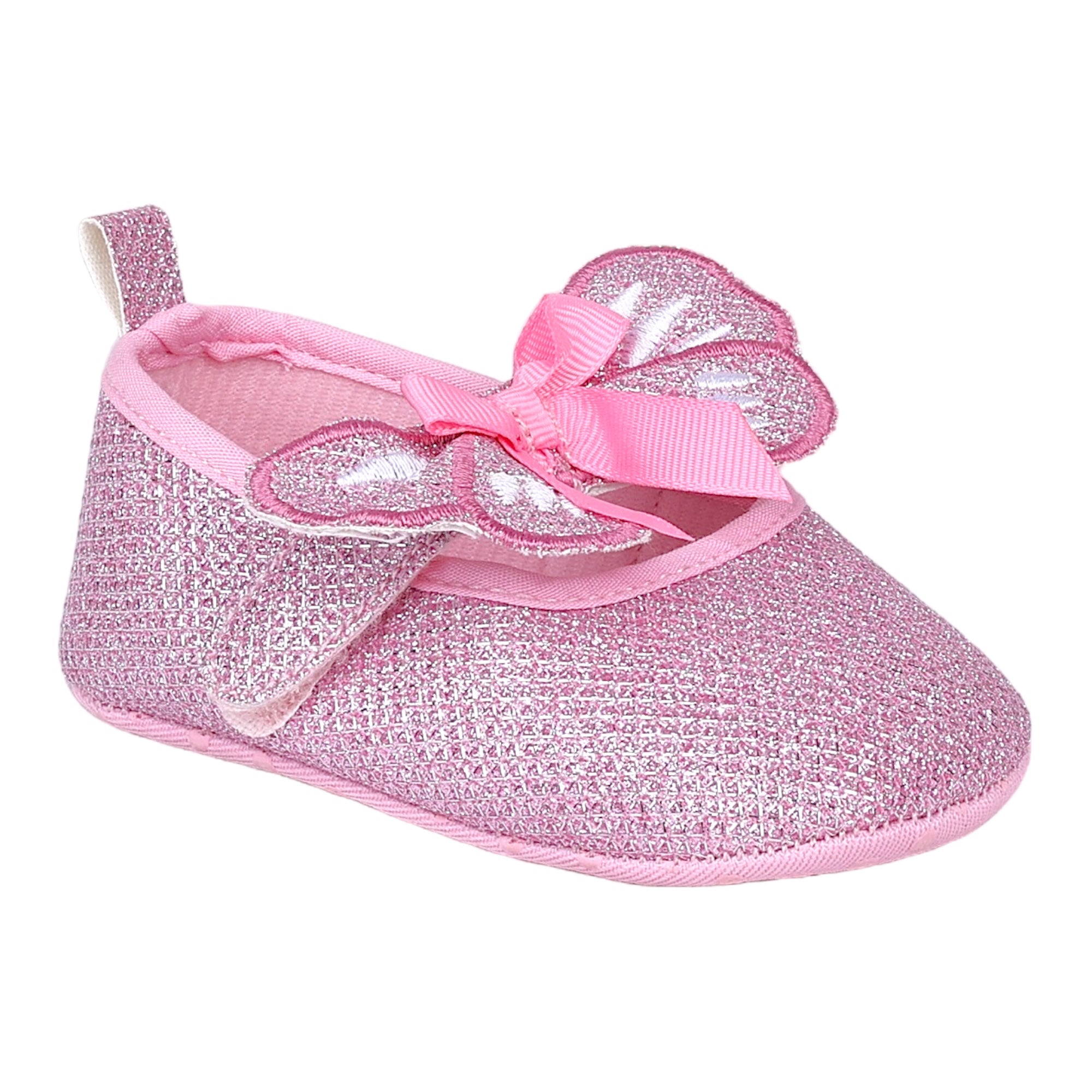Baby Moo Butterfly Bow Shiny Party Anti-Skid Ballerina Booties - Pink