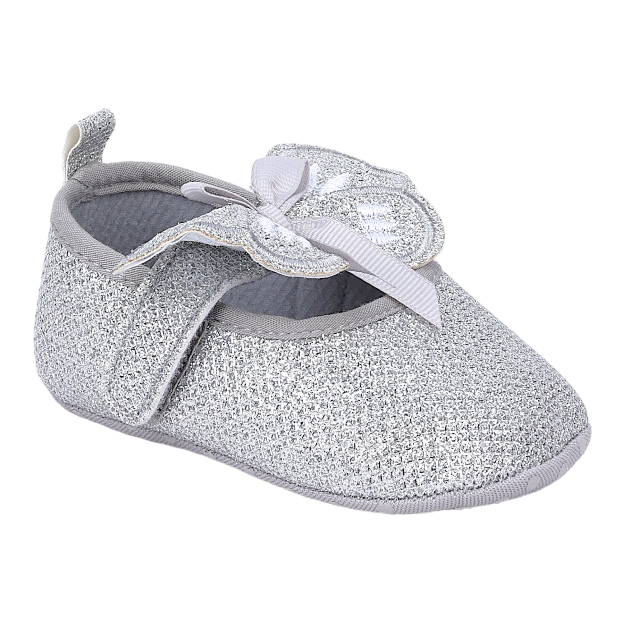 Baby Moo Butterfly Bow Shiny Party Anti-Skid Ballerina Booties - Silver