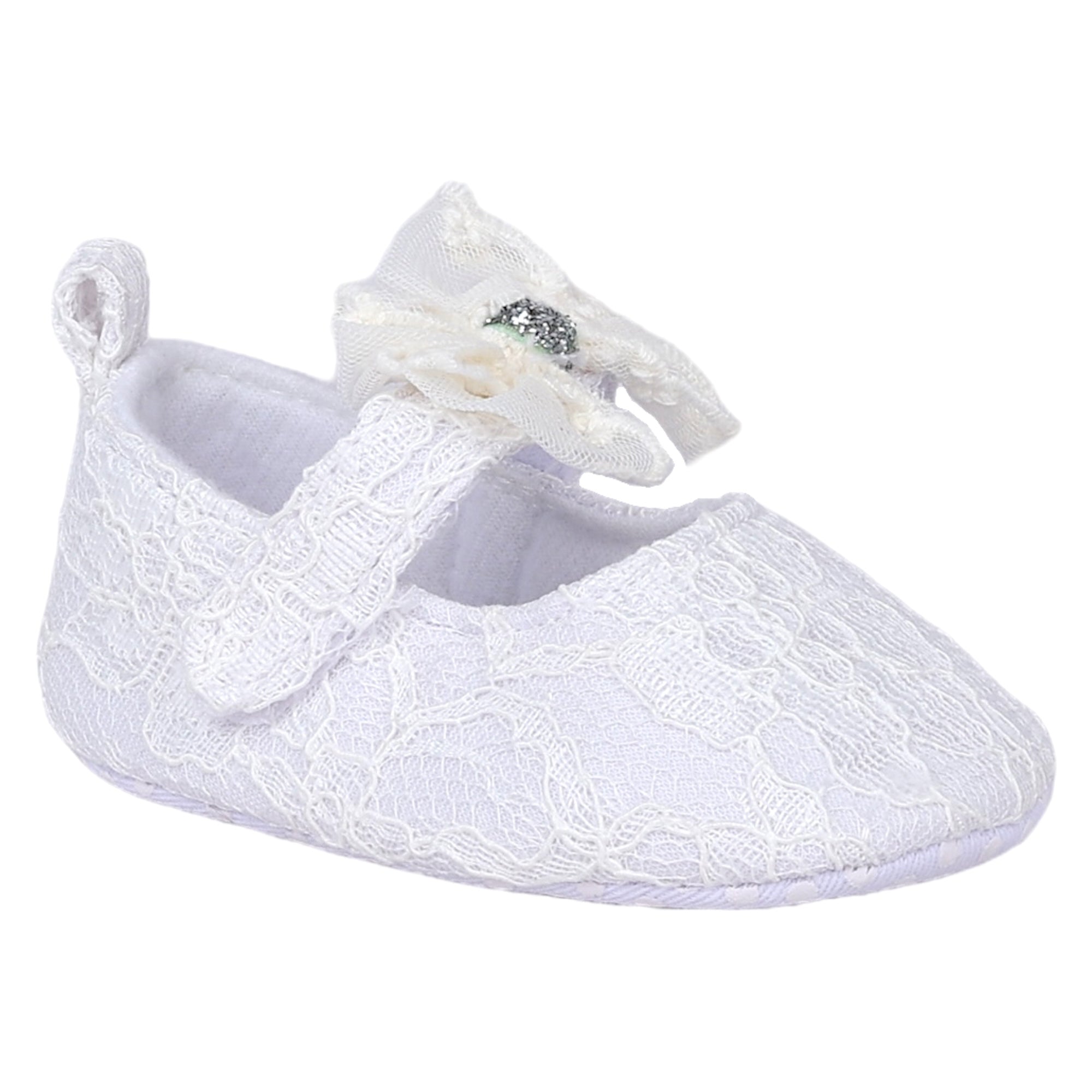 Baby Moo Lace Glitter Bow Velcro Strap Anti-Skid Ballerina Booties - White