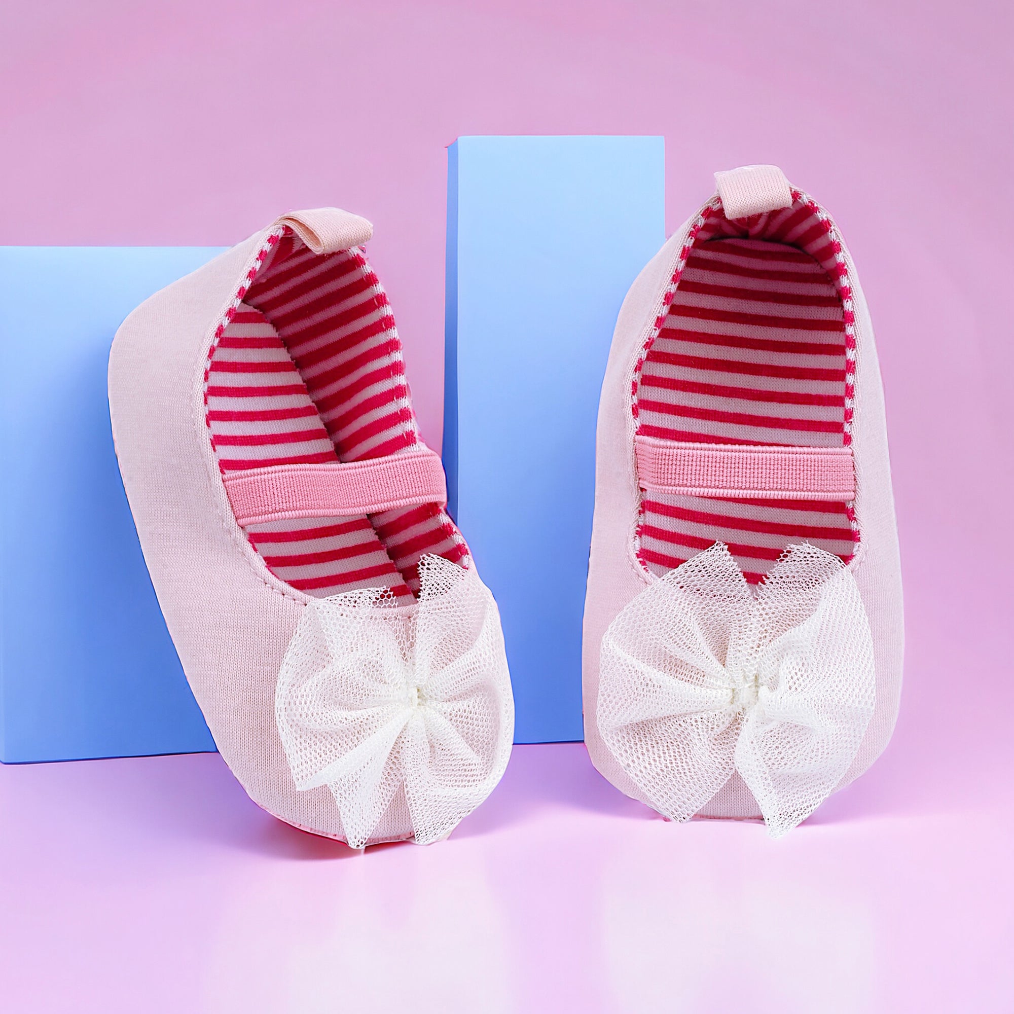 Baby Moo Tulle Bow Elastic Strap Slip-On Anti-Skid Ballerina Booties - Pink