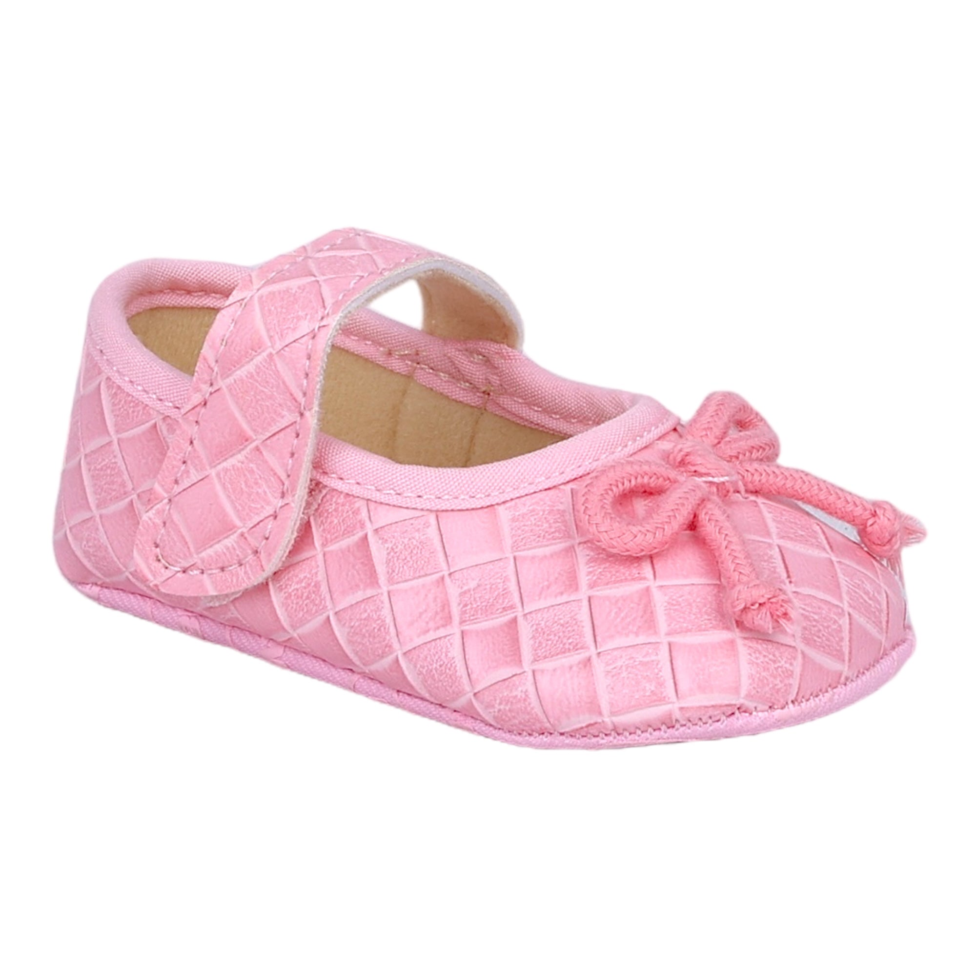 Baby Moo Bow Knot Velcro Strap Textured Leather Anti-Skid Ballerina Booties - Pink
