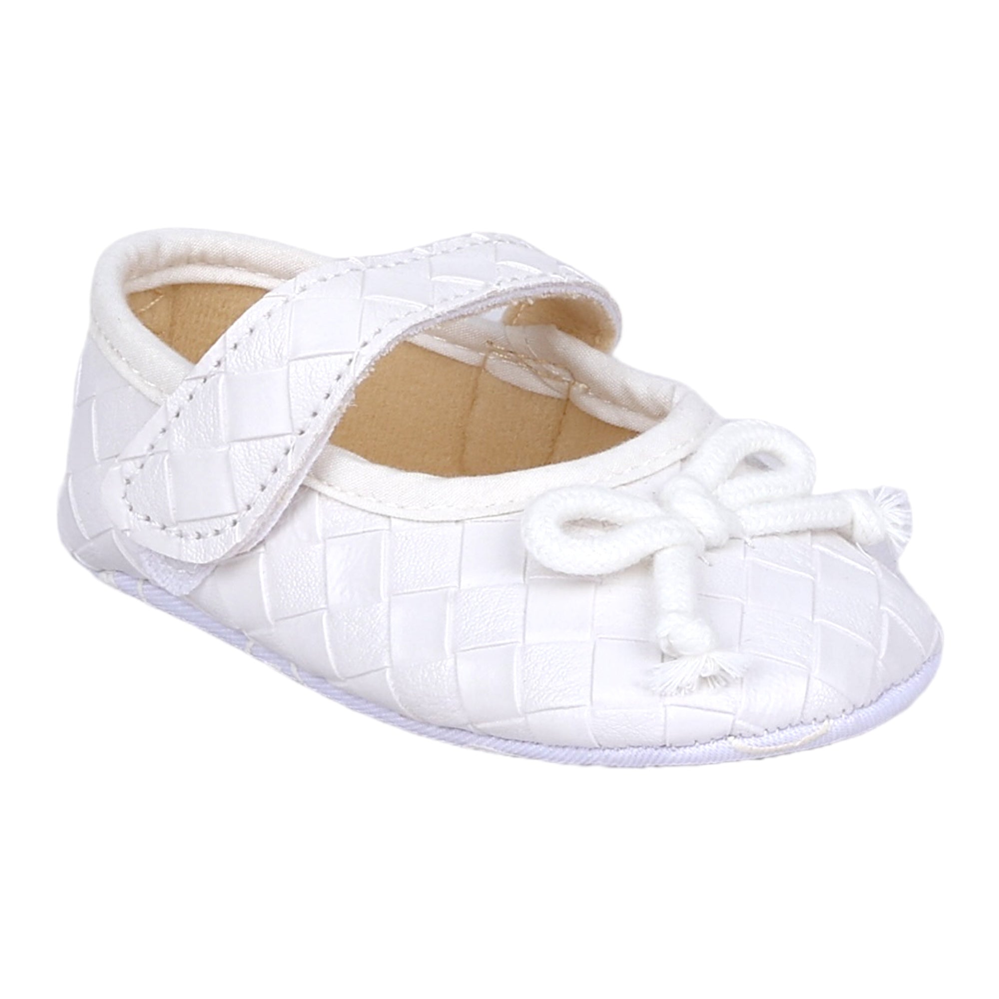 Baby Moo Bow Knot Velcro Strap Textured Leather Anti-Skid Ballerina Booties - White